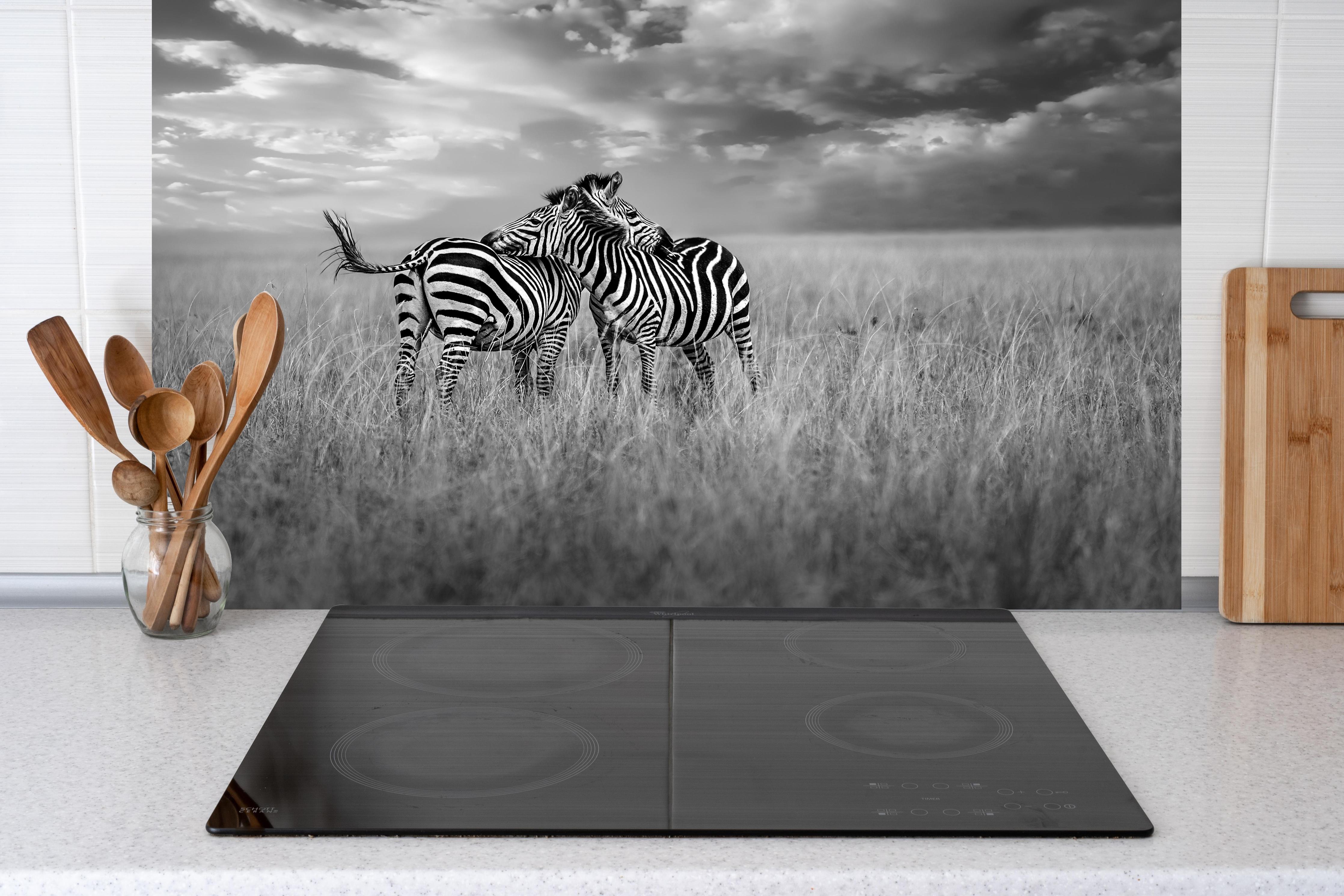 Küche - Zebras in ihrer Natur - Savanne hinter weißen Hochglanz-Küchenregalen und schwarzem Wasserhahn