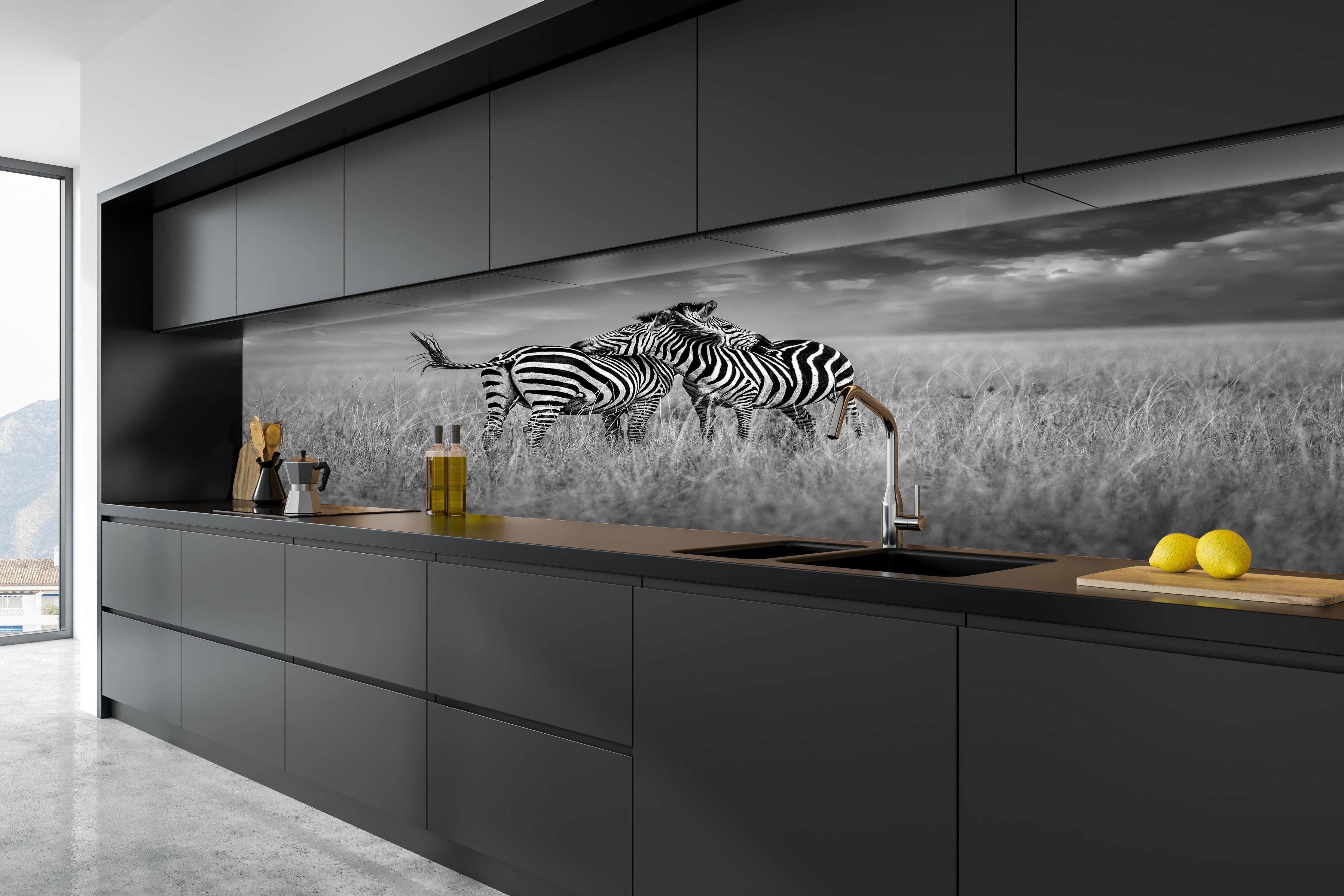 Küche - Zebras in ihrer Natur - Savanne hinter weißen Hochglanz-Küchenregalen und schwarzem Wasserhahn