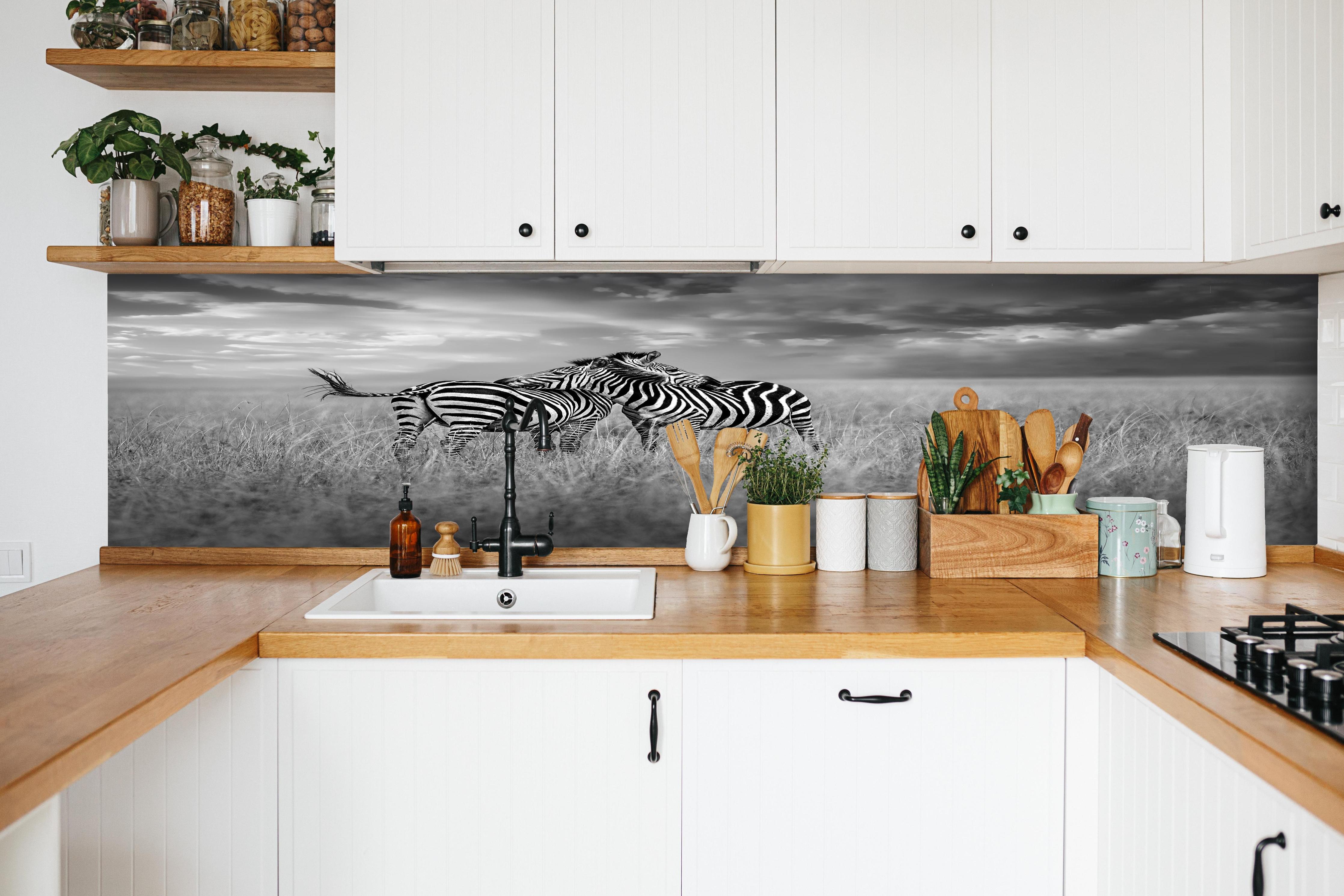 Küche - Zebras in ihrer Natur - Savanne hinter weißen Hochglanz-Küchenregalen und schwarzem Wasserhahn