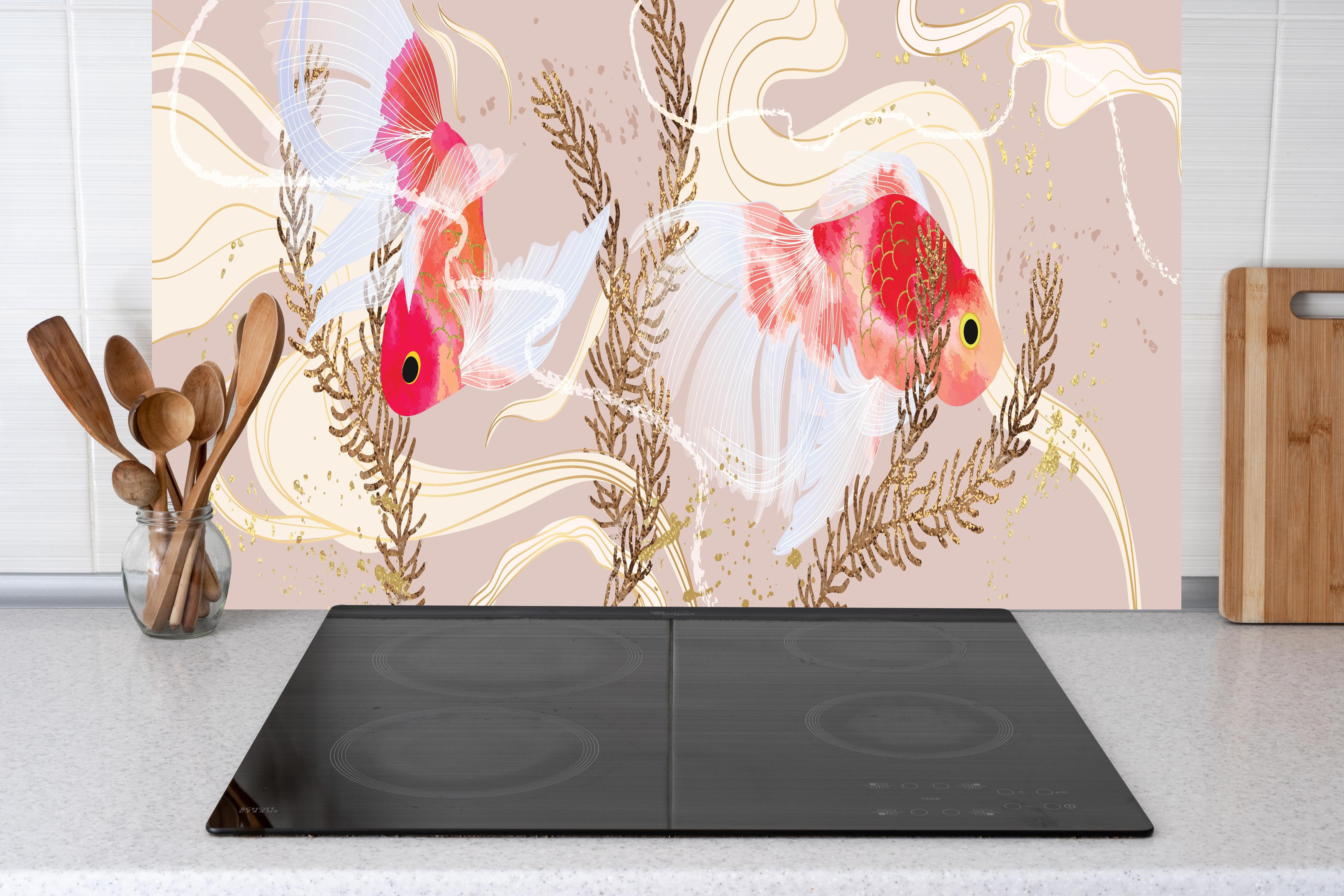 Küche - Zierfische Koi-Karpfen Aquarell-Design hinter weißen Hochglanz-Küchenregalen und schwarzem Wasserhahn