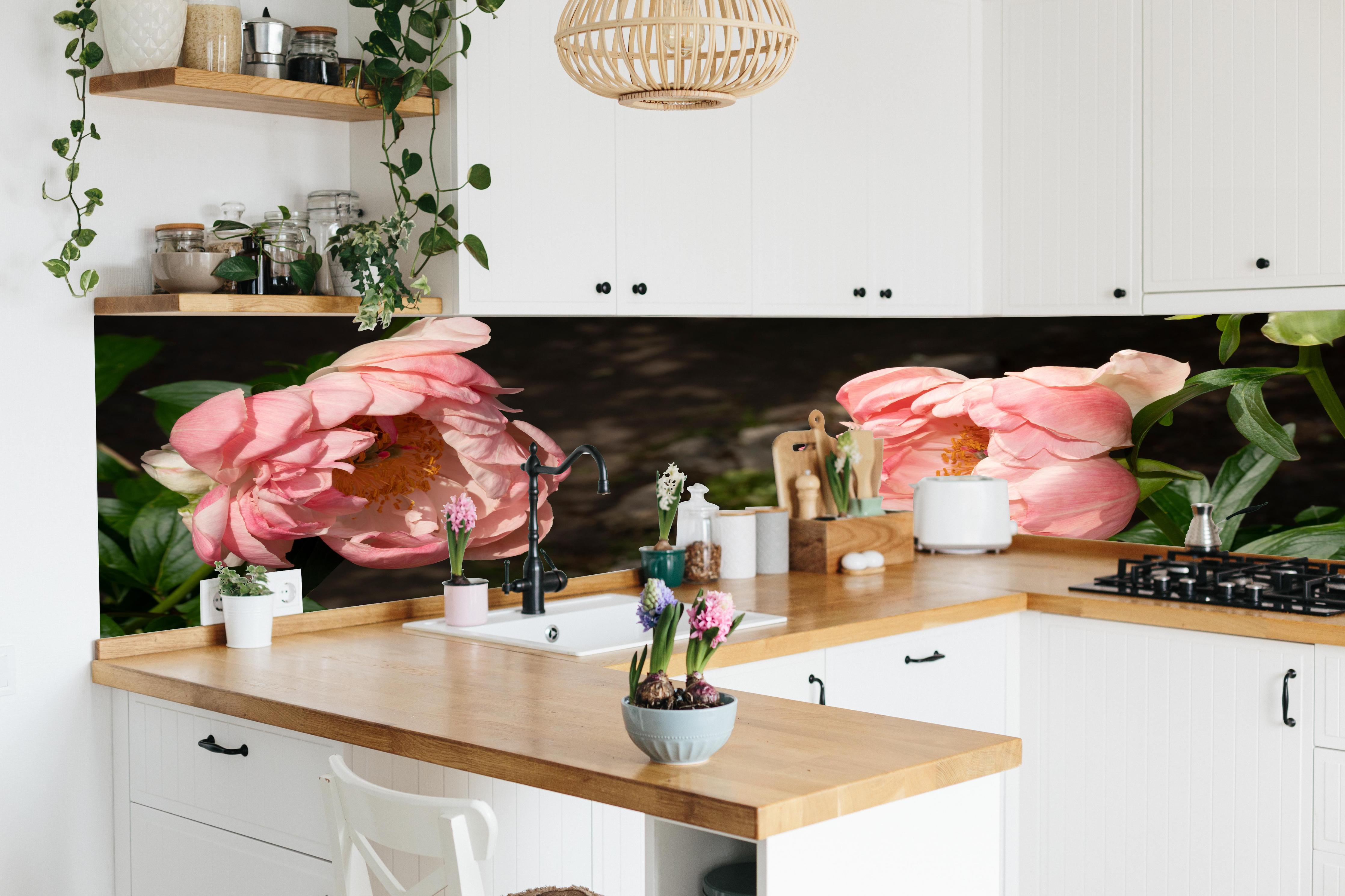 Küche - Zwei rosa Pfingstrosen in einem alten Garten. hinter weißen Hochglanz-Küchenregalen und schwarzem Wasserhahn