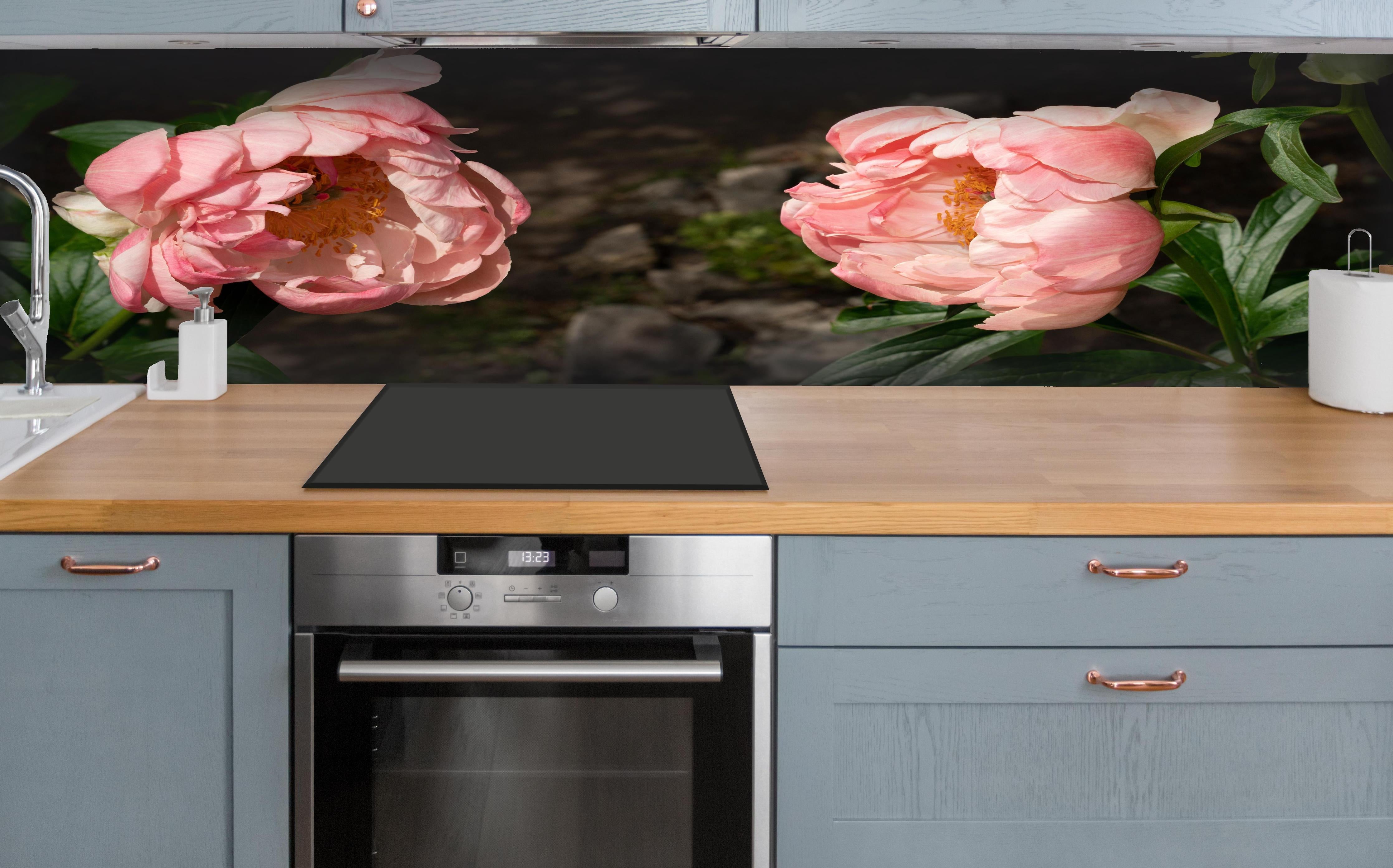 Küche - Zwei rosa Pfingstrosen in einem alten Garten. hinter weißen Hochglanz-Küchenregalen und schwarzem Wasserhahn