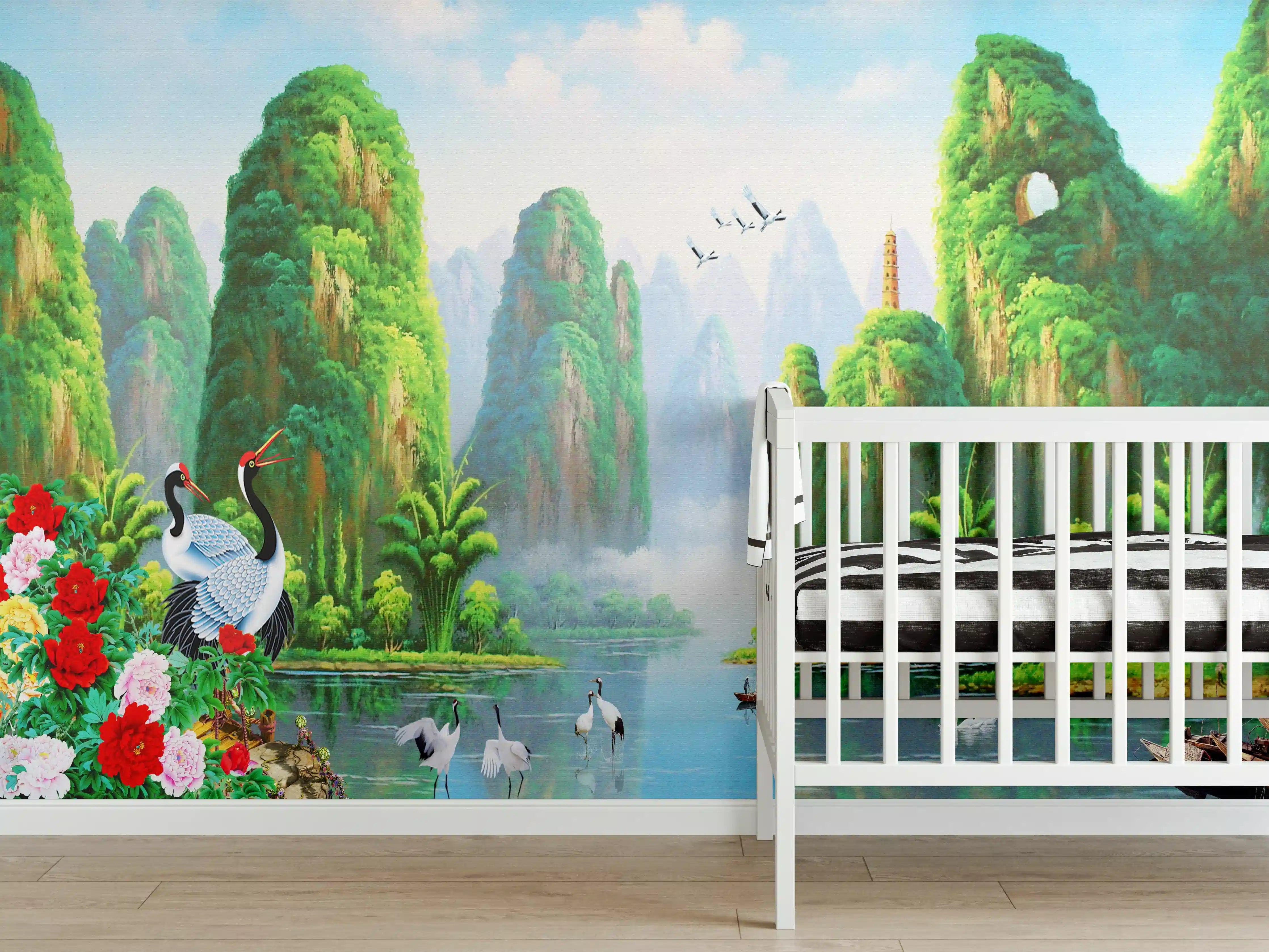 Babyzimmer Wandgestaltung - Vogelarten mit wunderschöner Berg/See Aussicht