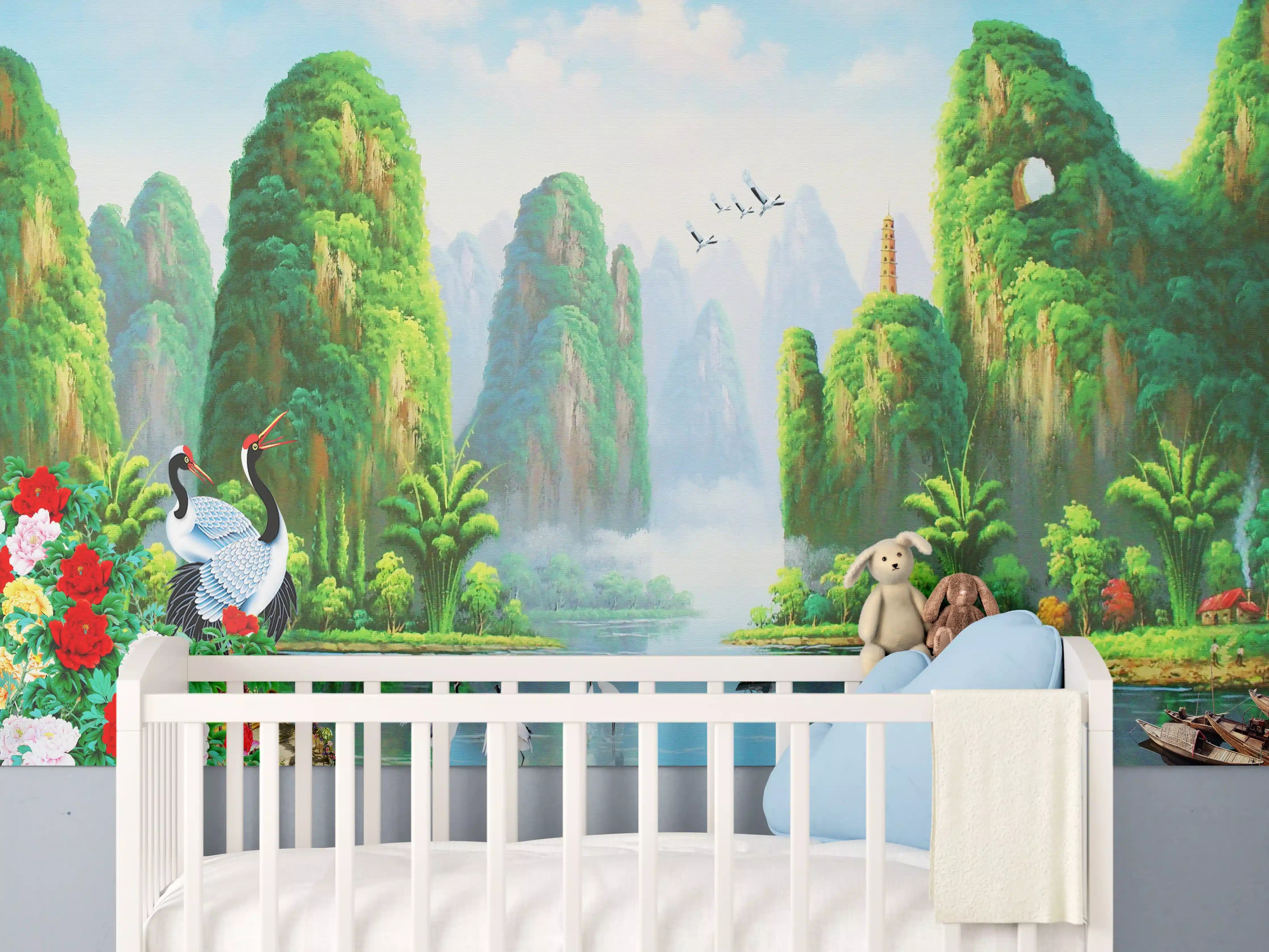 Babyzimmer Wandgestaltung - Vogelarten mit wunderschöner Berg/See Aussicht
