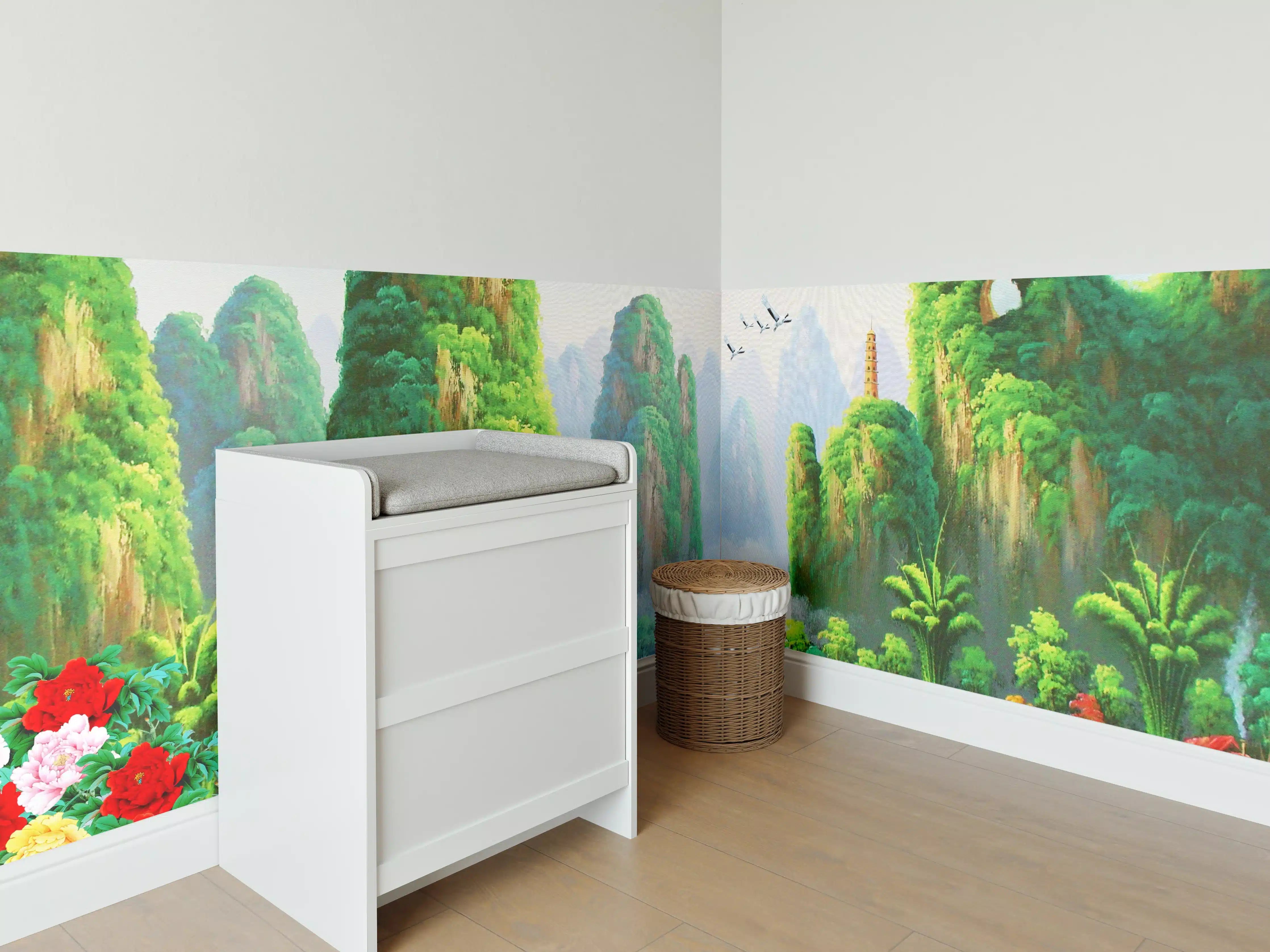 Babyzimmer Wandgestaltung - Vogelarten mit wunderschöner Berg/See Aussicht