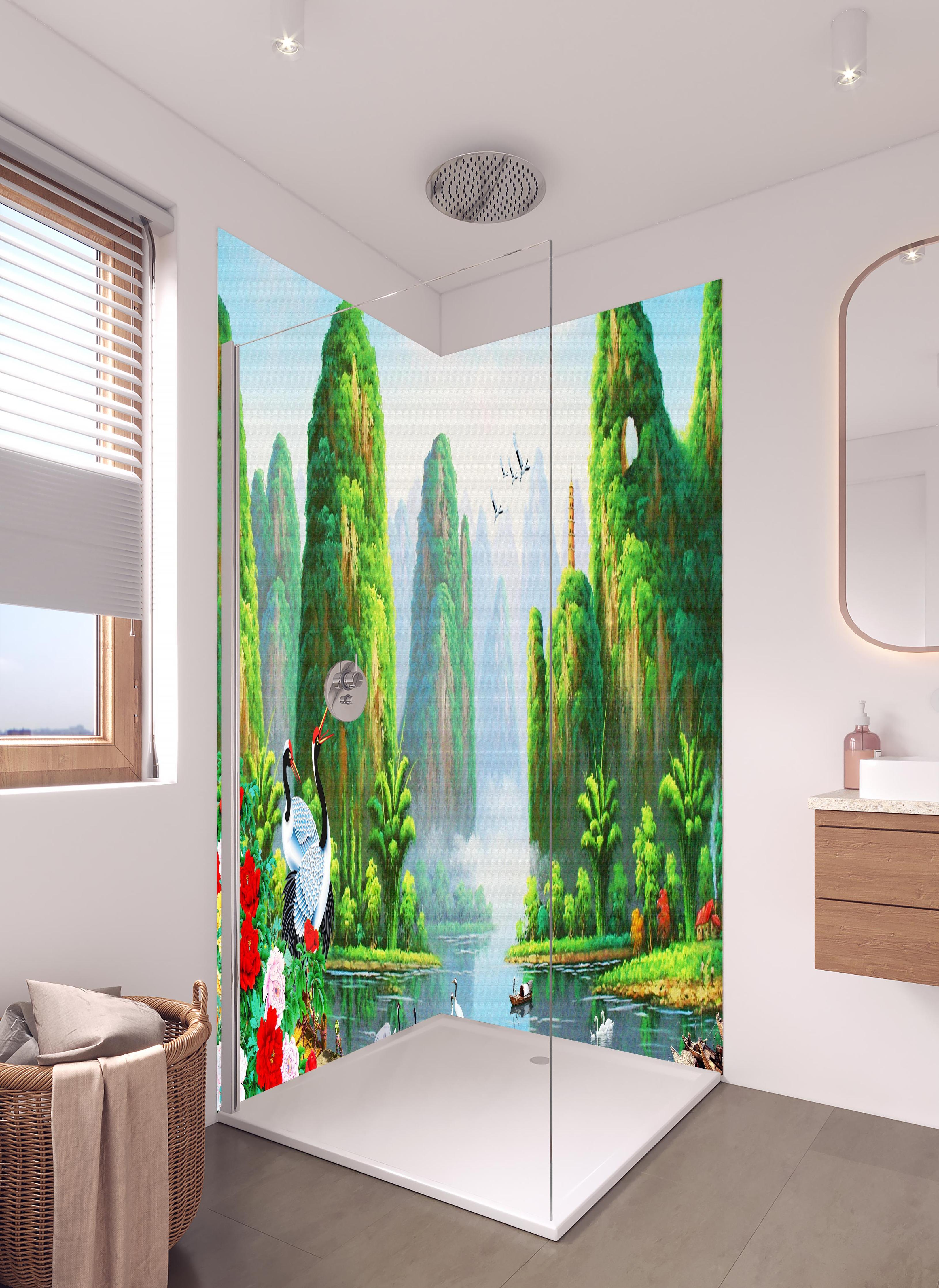 Duschrückwand - Vogelarten mit wunderschöner Berg/See Aussicht in hellem Badezimmer mit Regenduschkopf - zweiteilige Eck-Duschrückwand