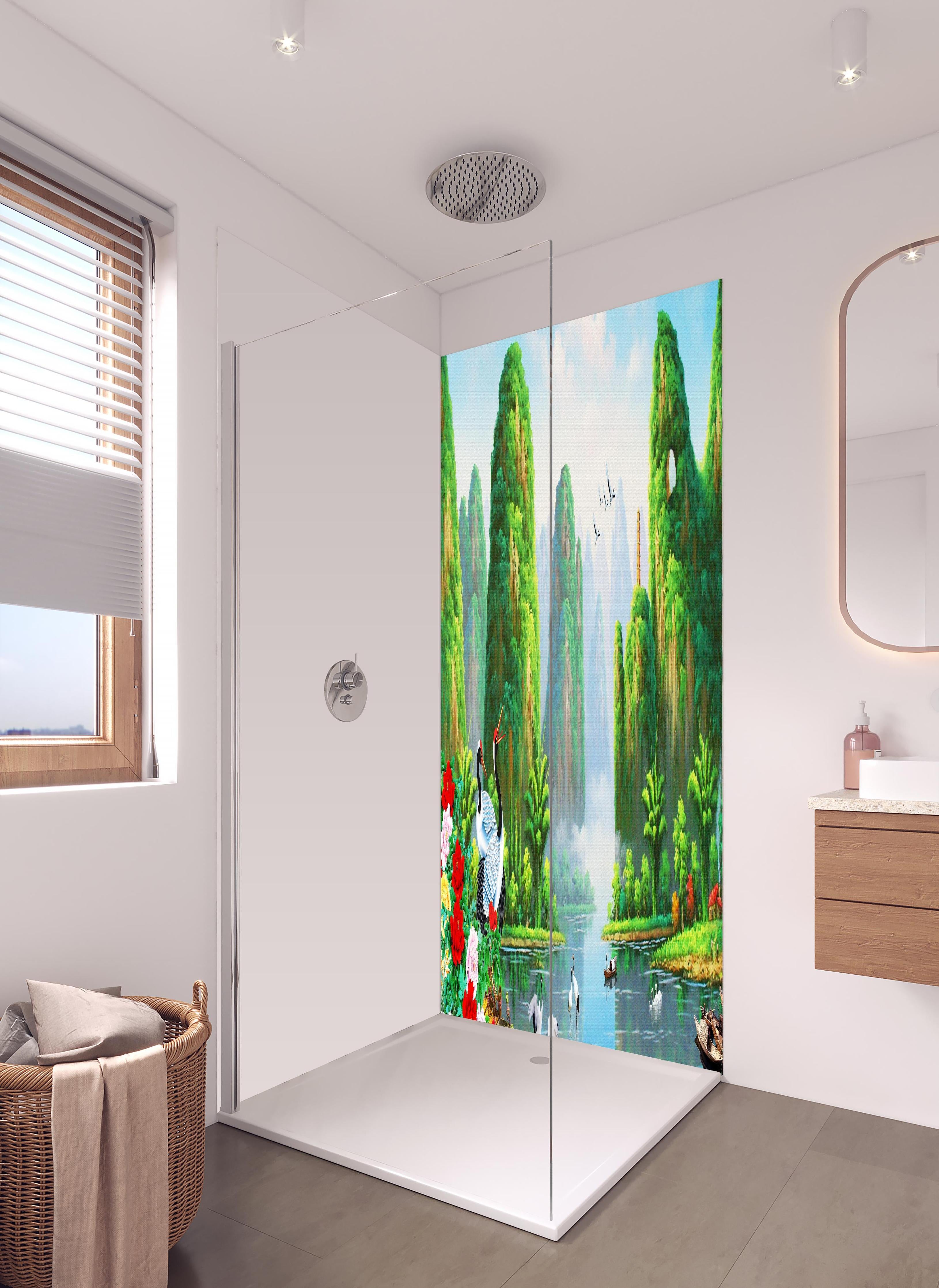 Duschrückwand - Vogelarten mit wunderschöner Berg/See Aussicht in hellem Badezimmer mit Regenduschkopf - zweiteilige Eck-Duschrückwand
