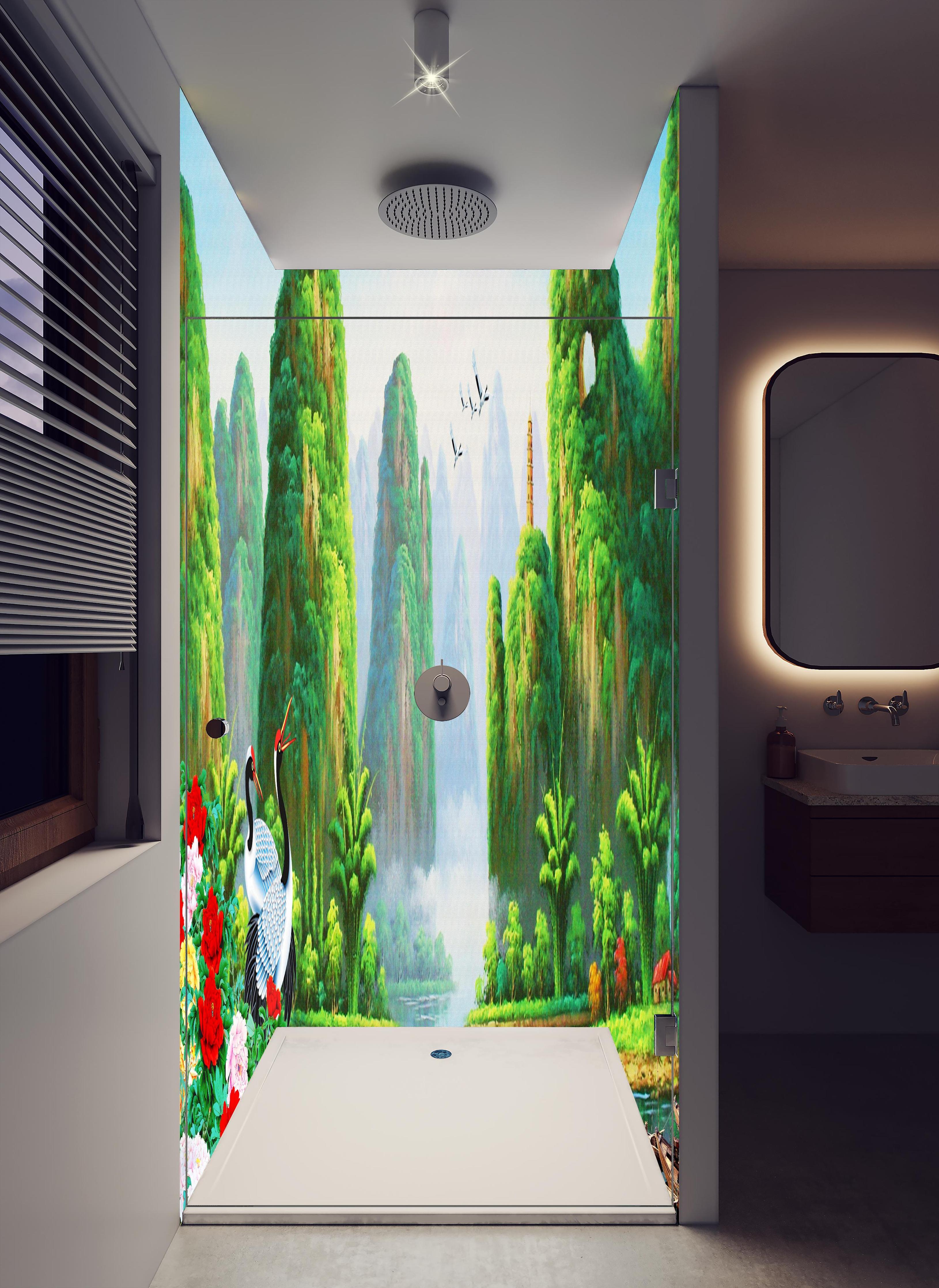 Duschrückwand - Vogelarten mit wunderschöner Berg/See Aussicht in hellem Badezimmer mit Regenduschkopf - zweiteilige Eck-Duschrückwand