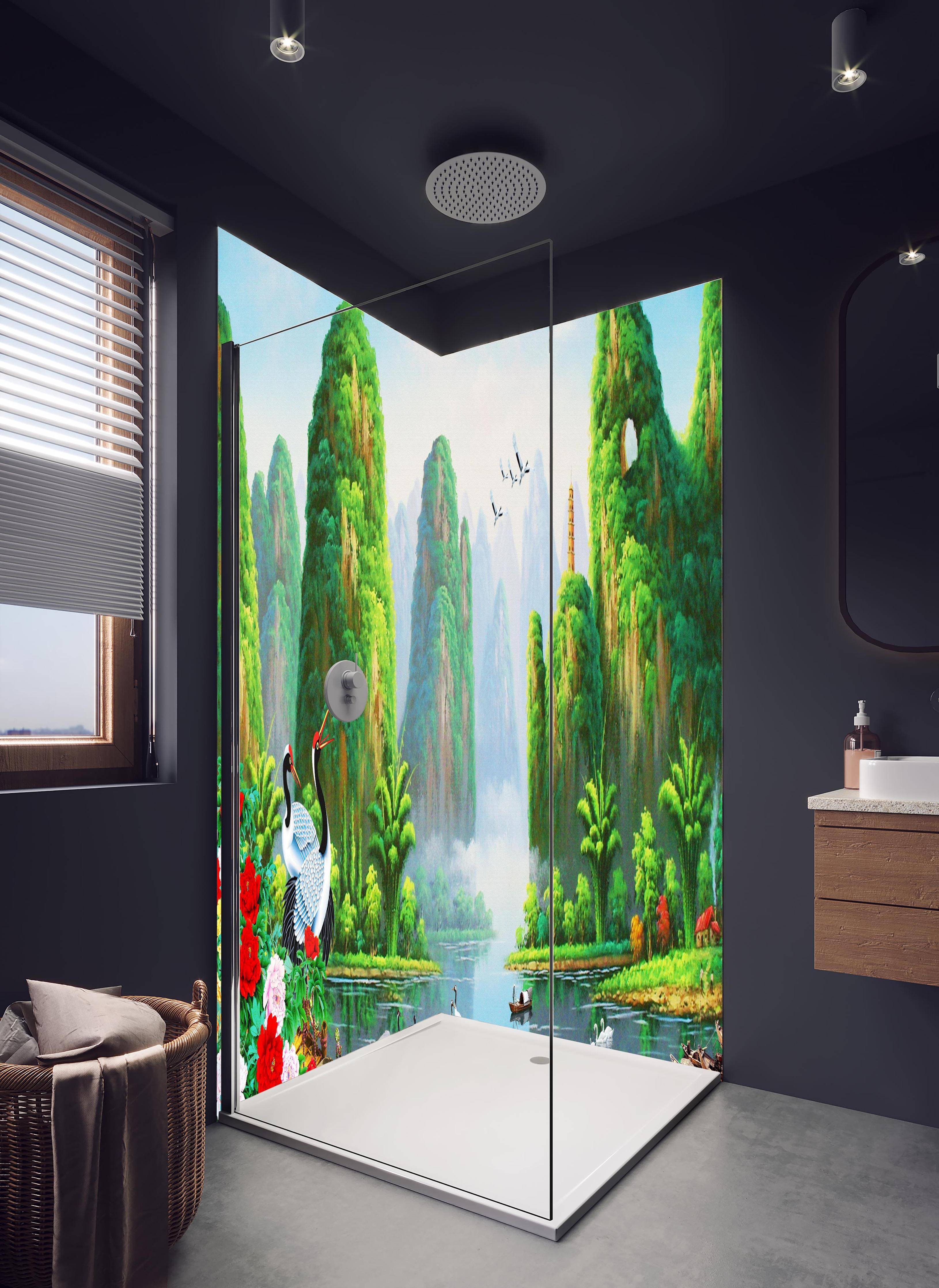 Duschrückwand - Vogelarten mit wunderschöner Berg/See Aussicht in hellem Badezimmer mit Regenduschkopf - zweiteilige Eck-Duschrückwand