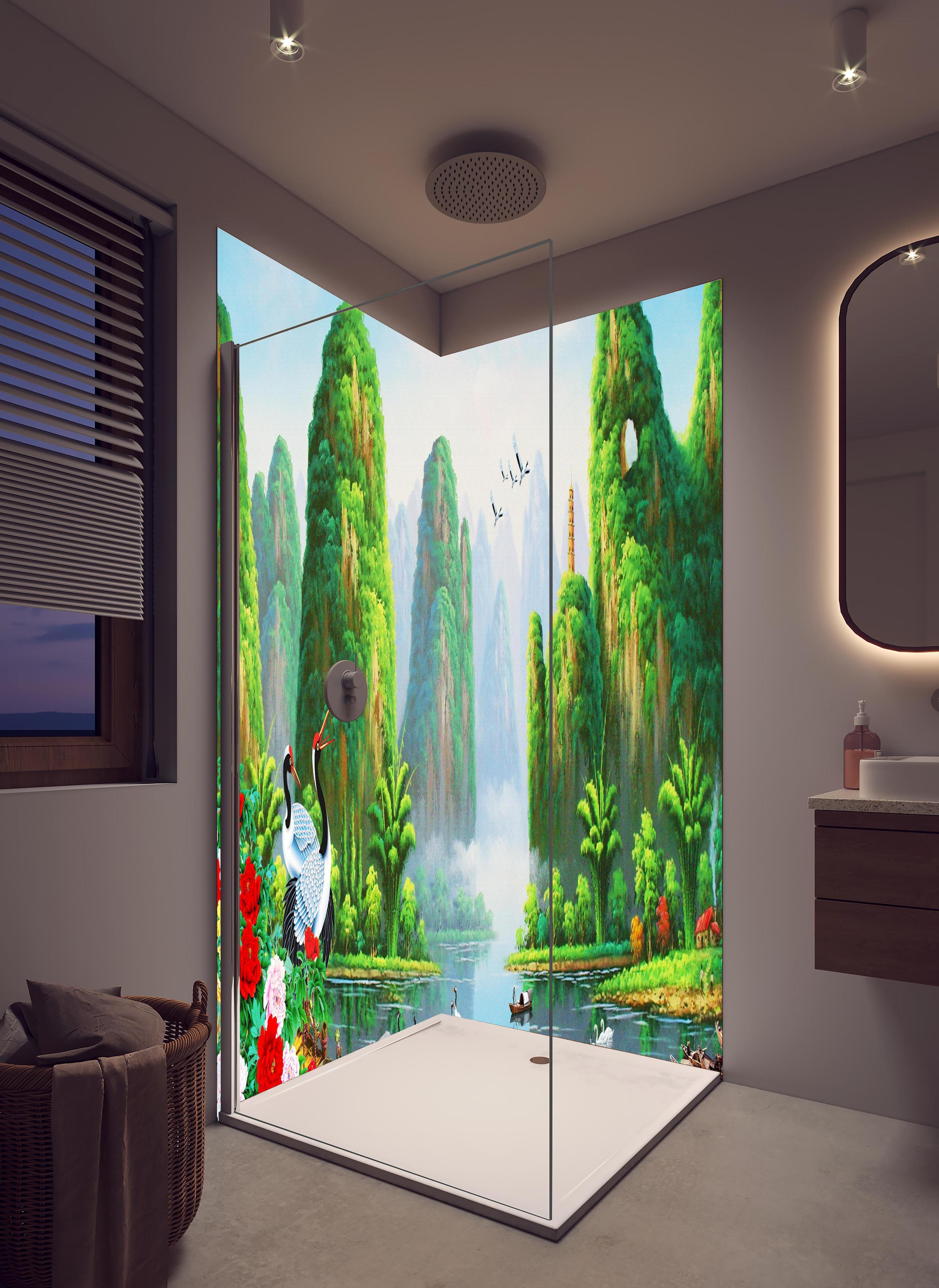 Duschrückwand - Vogelarten mit wunderschöner Berg/See Aussicht in hellem Badezimmer mit Regenduschkopf - zweiteilige Eck-Duschrückwand
