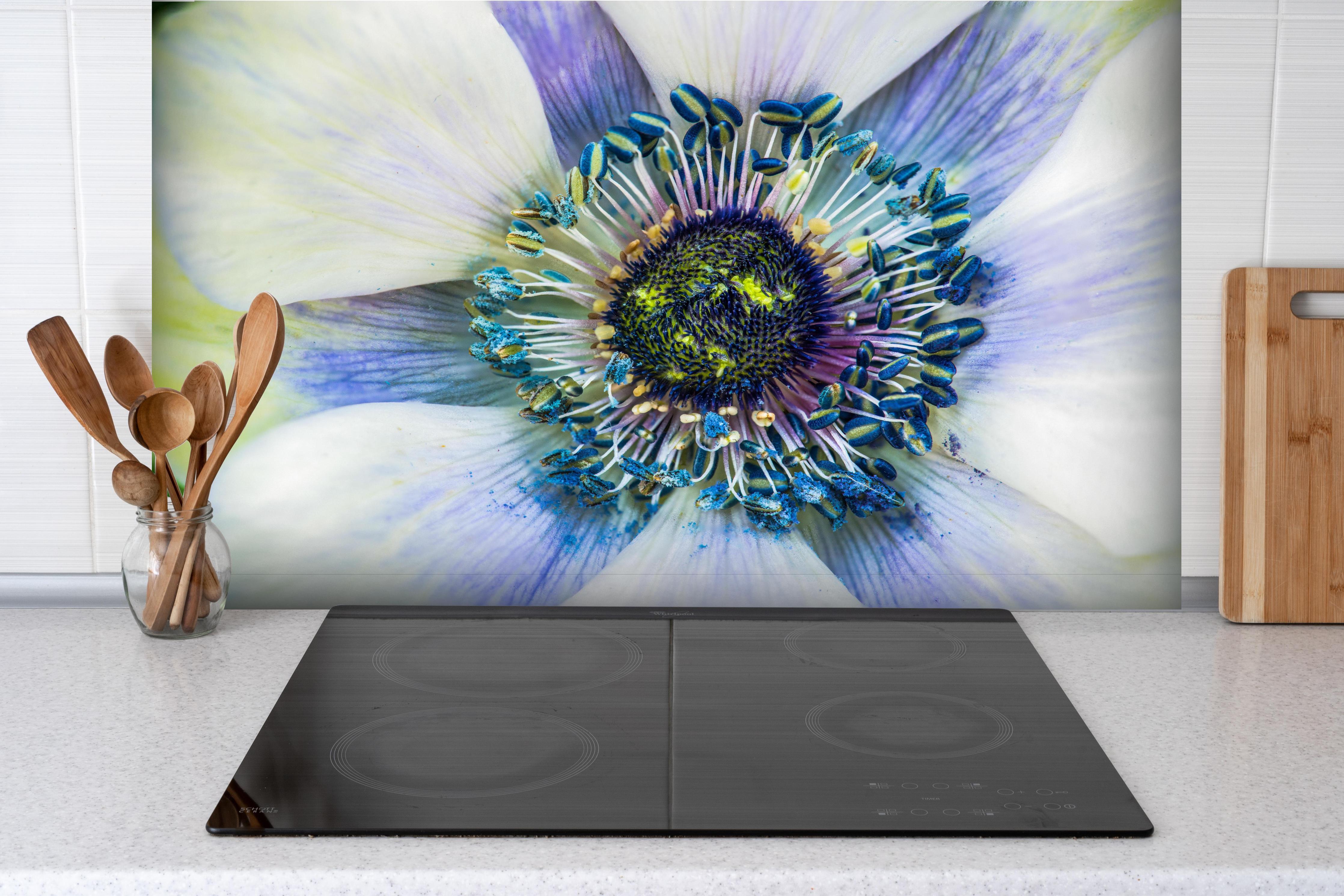 Spritzschutz - hübsche aufblühende Blume hinter einem Cerankochfeld zwischen Holz-Kochutensilien