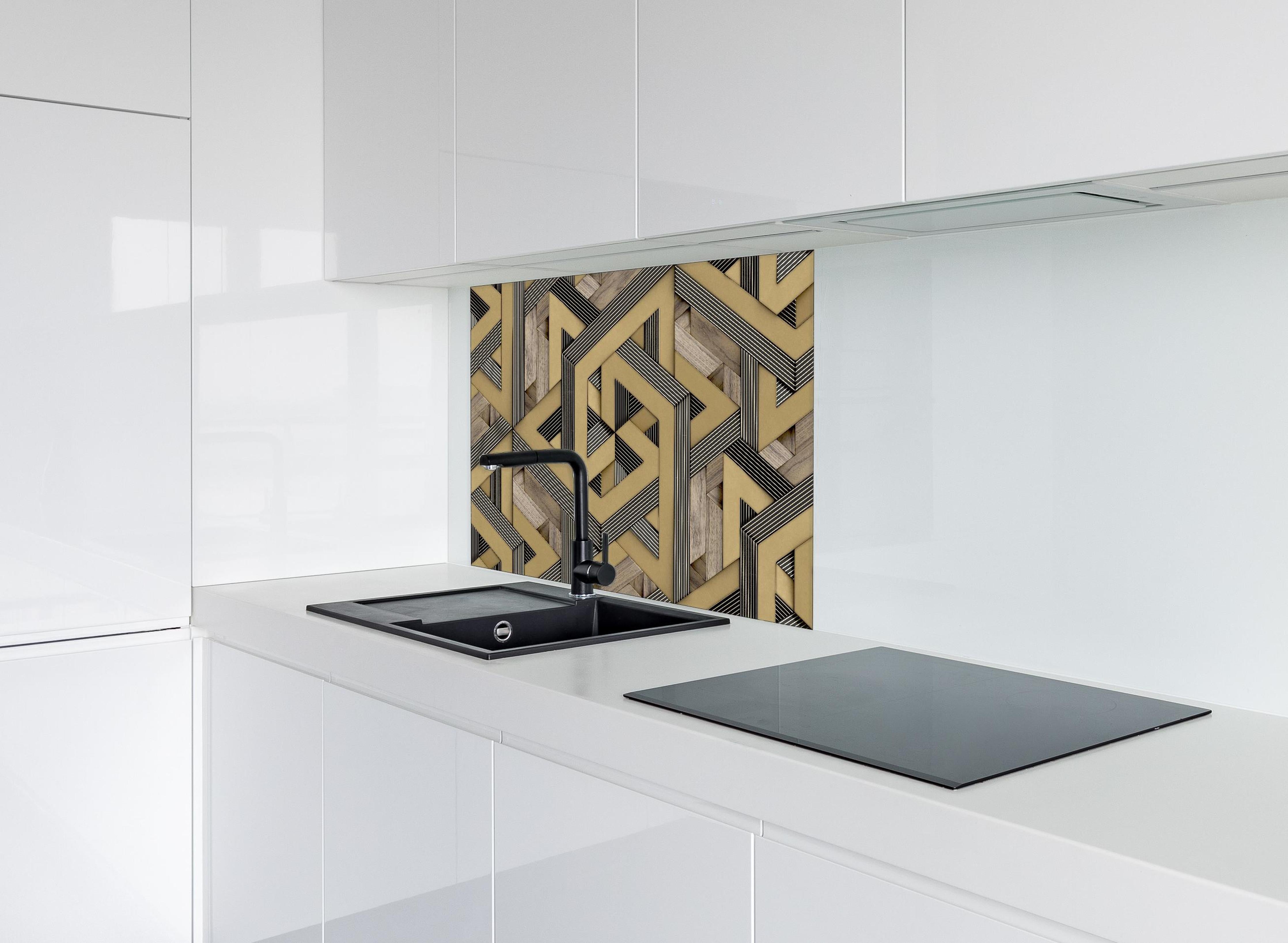 Spritzschutz - 3D- Tapeten Muster - Mosaik hinter einem Cerankochfeld zwischen Holz-Kochutensilien