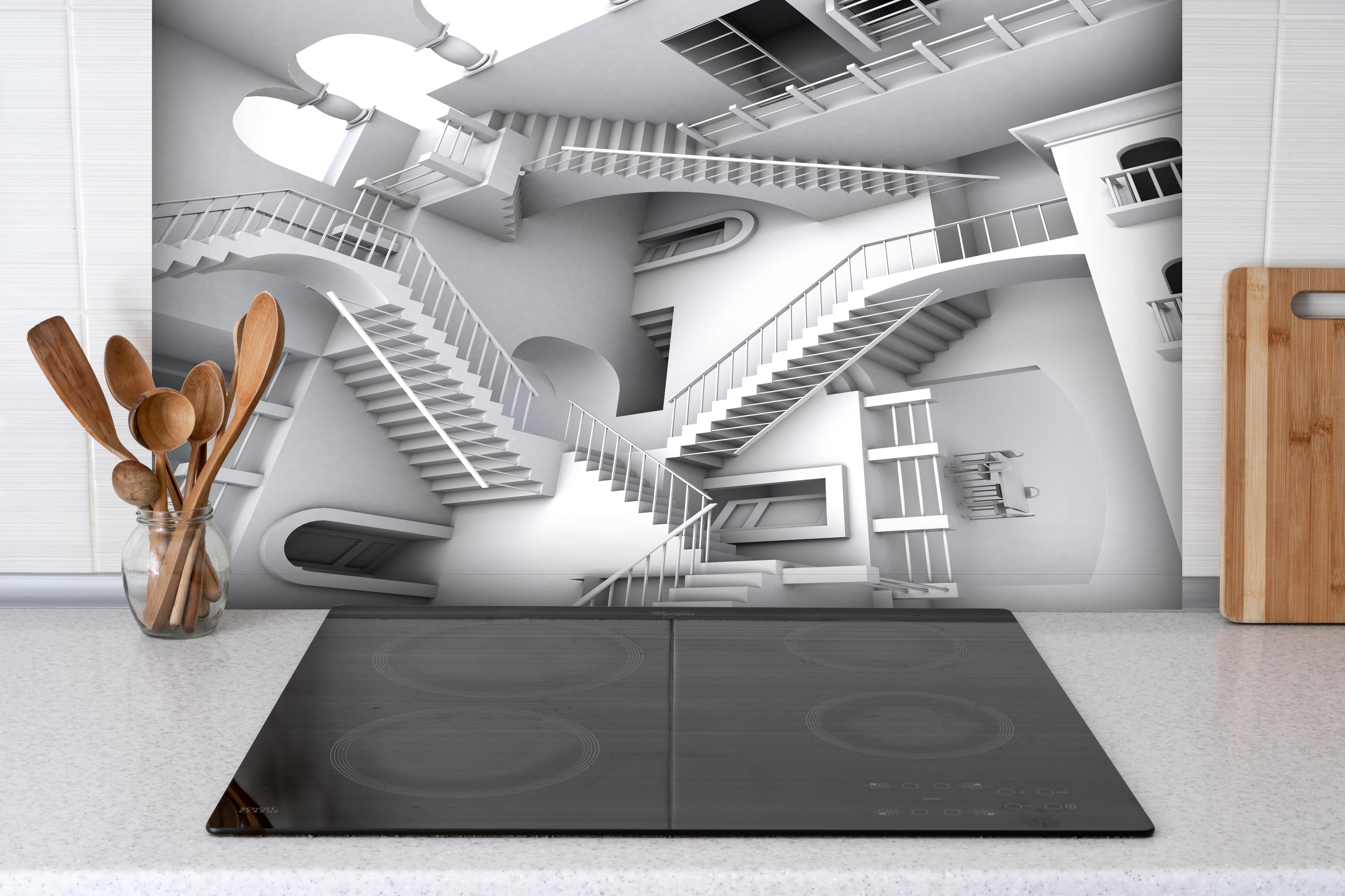 Spritzschutz - 3D-Illustration einer von Escher inspirierten Treppe hinter einem Cerankochfeld zwischen Holz-Kochutensilien