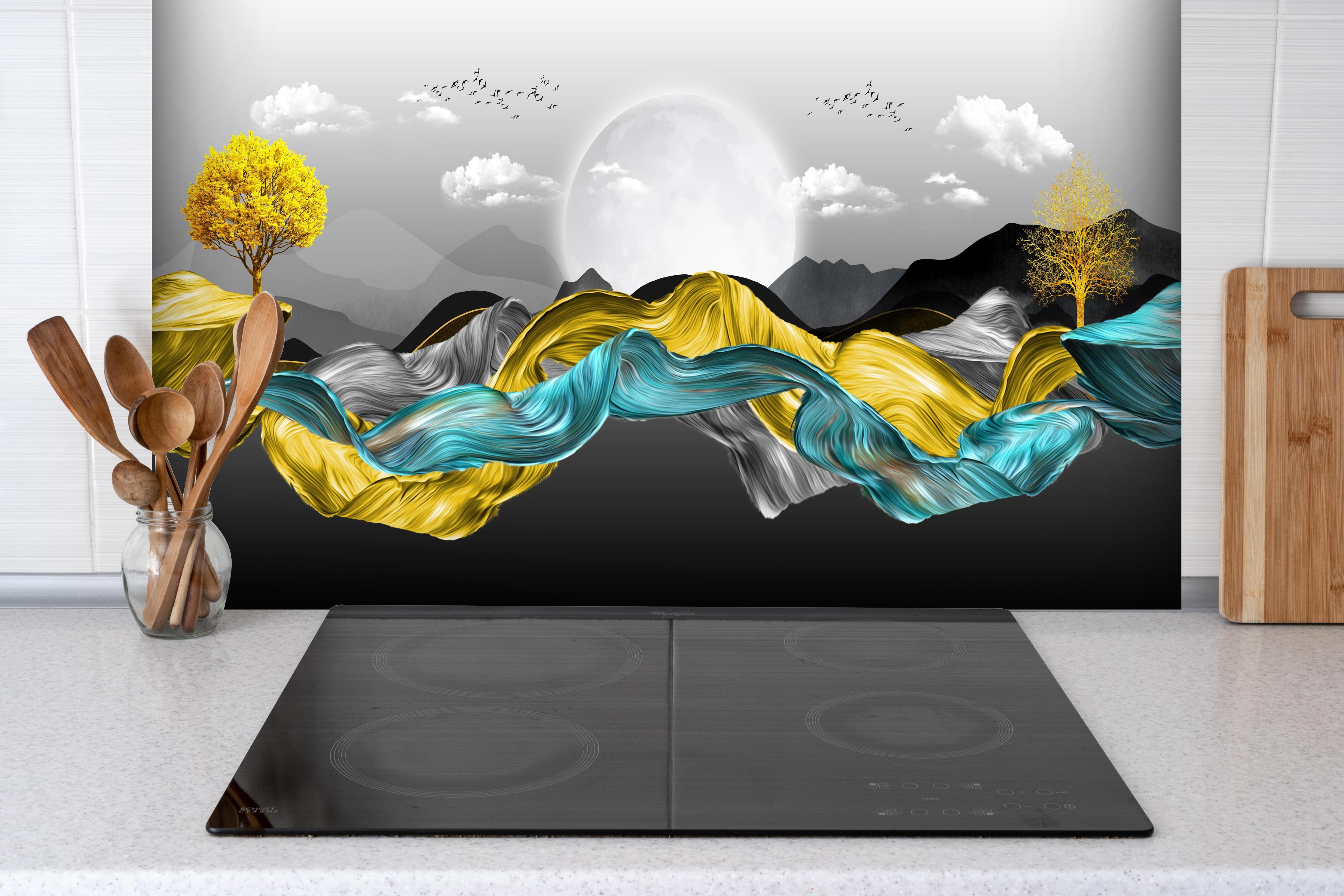 Spritzschutz - 3D Moderne Leinwand - Abstrakt hinter einem Cerankochfeld zwischen Holz-Kochutensilien