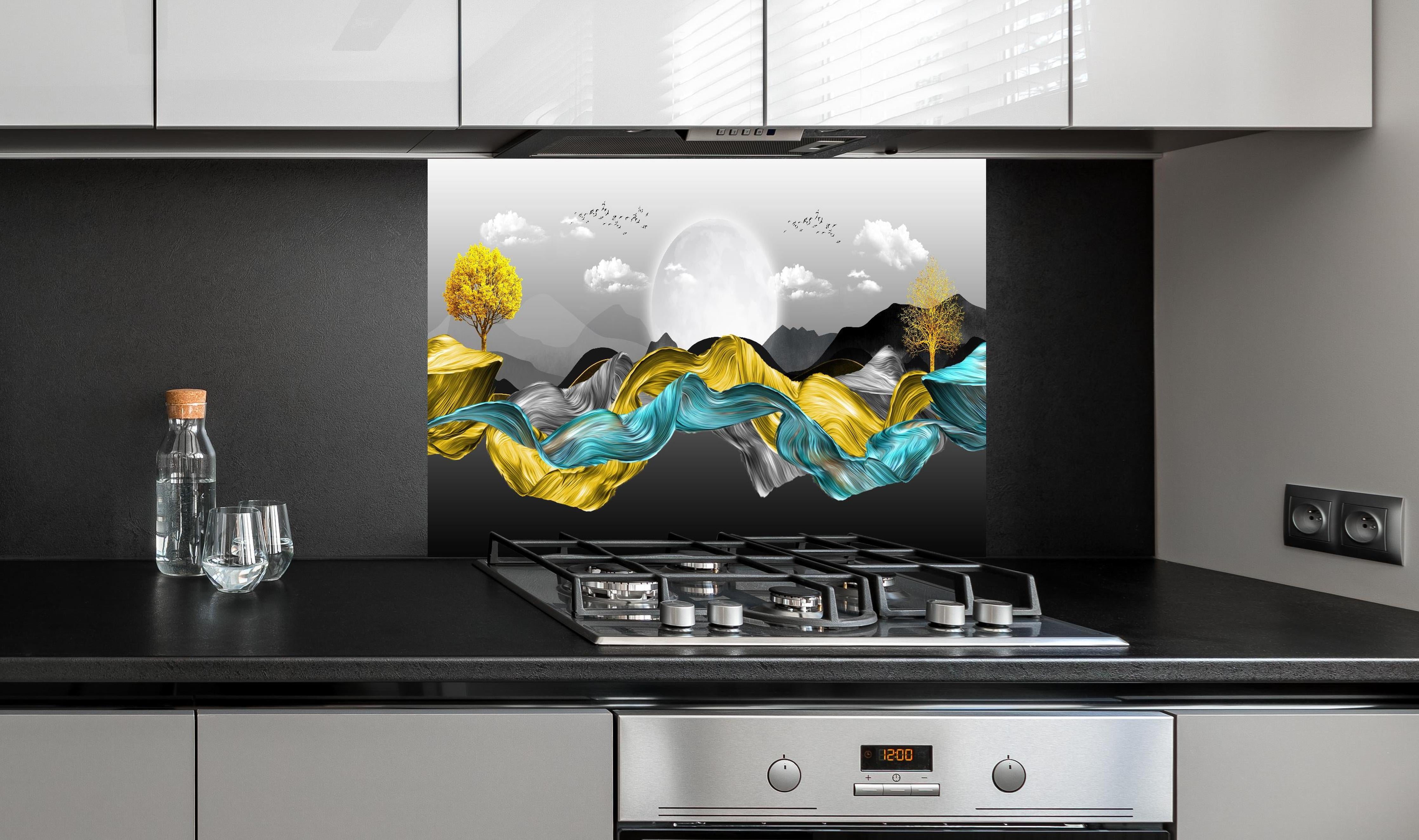 Spritzschutz - 3D Moderne Leinwand - Abstrakt hinter einem Cerankochfeld zwischen Holz-Kochutensilien