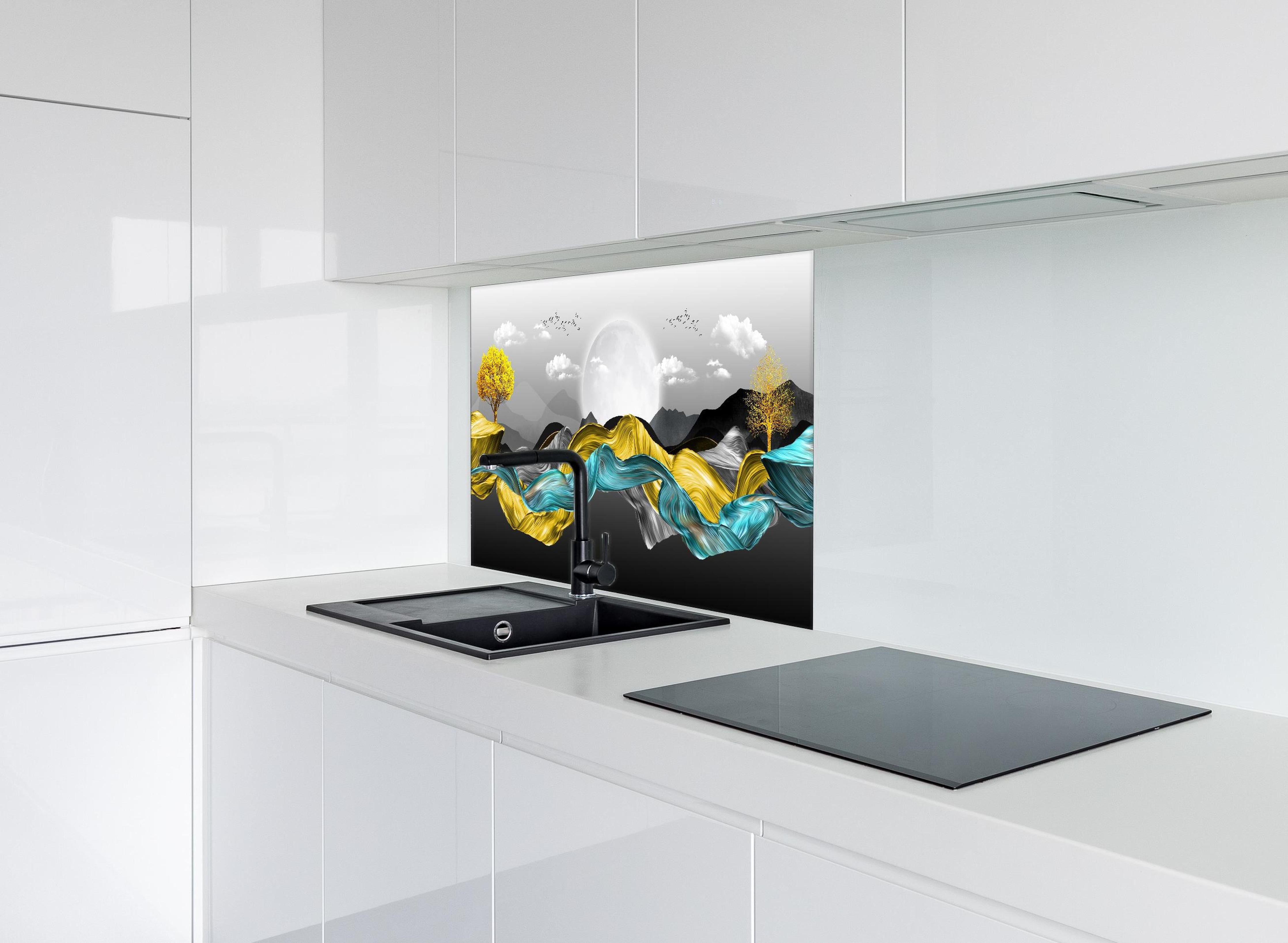 Spritzschutz - 3D Moderne Leinwand - Abstrakt hinter einem Cerankochfeld zwischen Holz-Kochutensilien