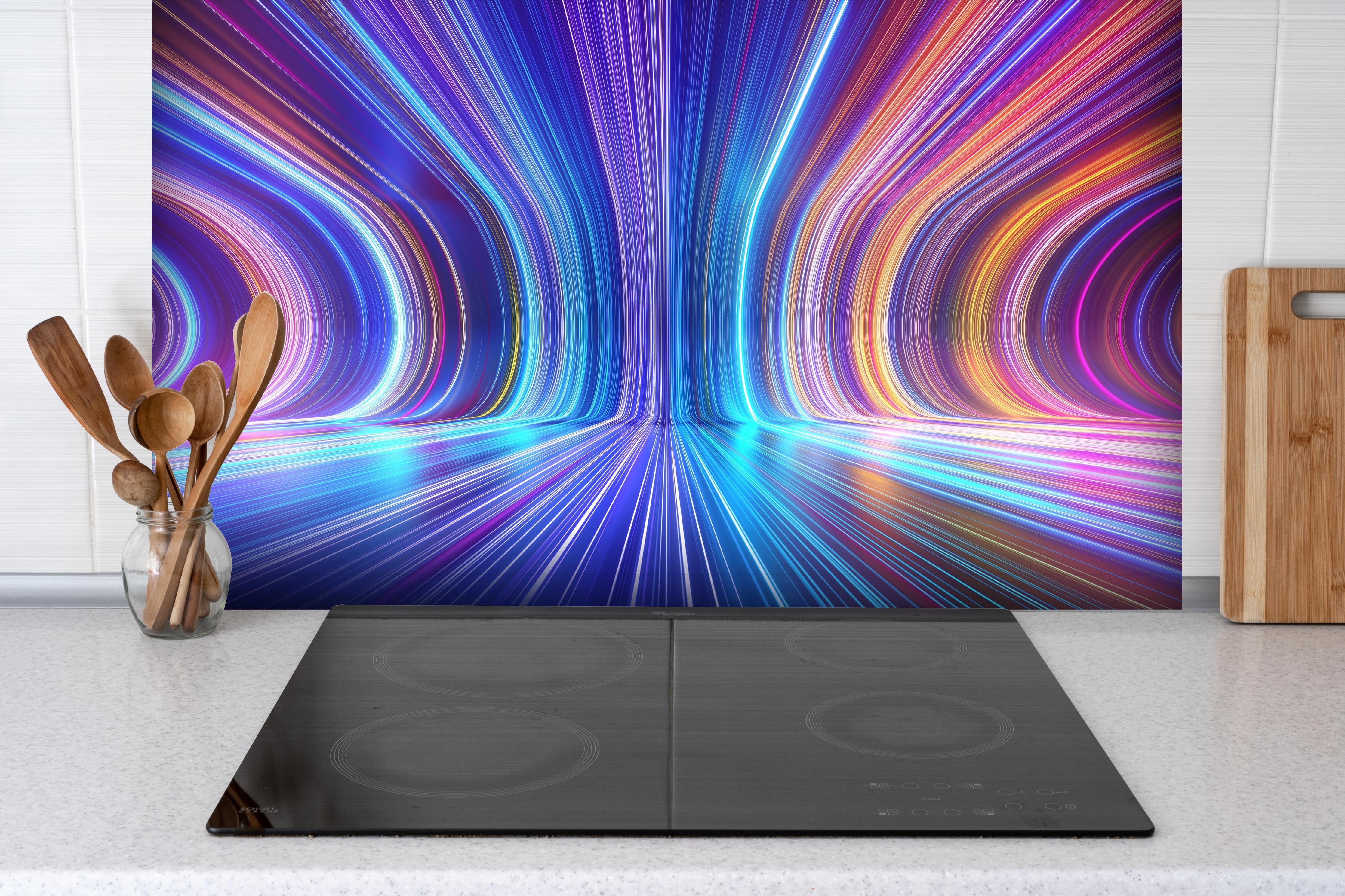 Spritzschutz - 3D Rendering - Zukunft hinter einem Cerankochfeld zwischen Holz-Kochutensilien