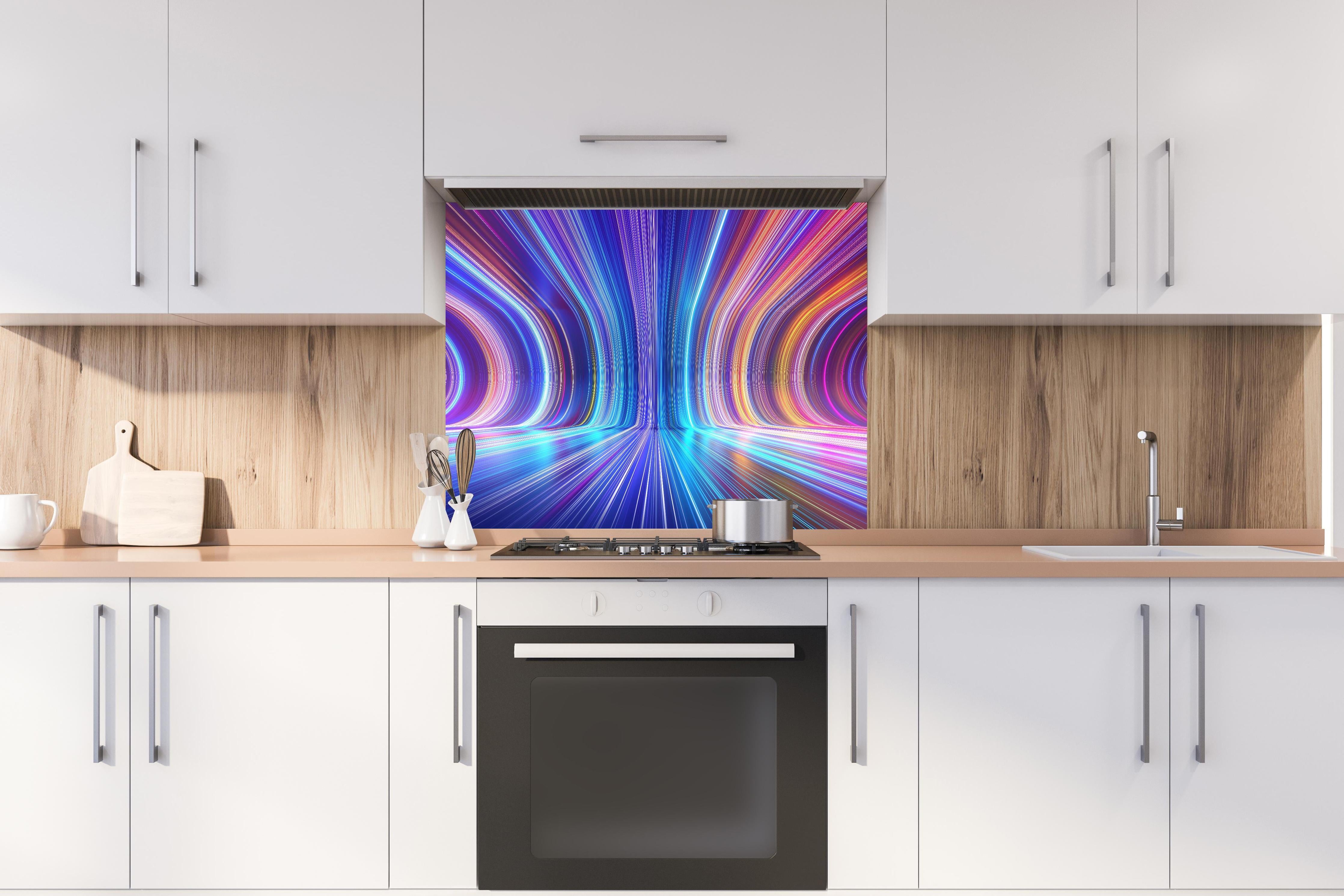 Spritzschutz - 3D Rendering - Zukunft hinter einem Cerankochfeld zwischen Holz-Kochutensilien