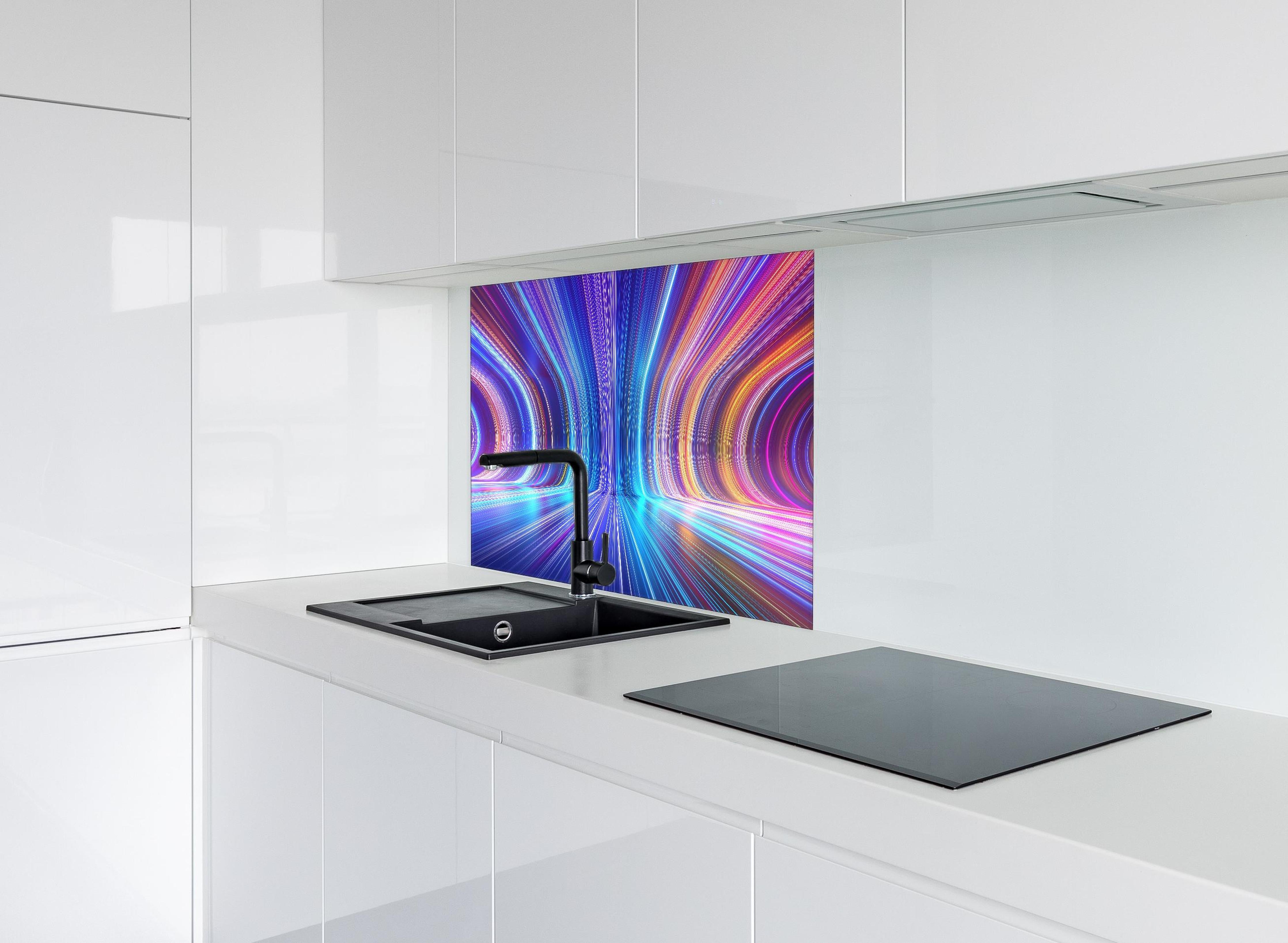 Spritzschutz - 3D Rendering - Zukunft hinter einem Cerankochfeld zwischen Holz-Kochutensilien