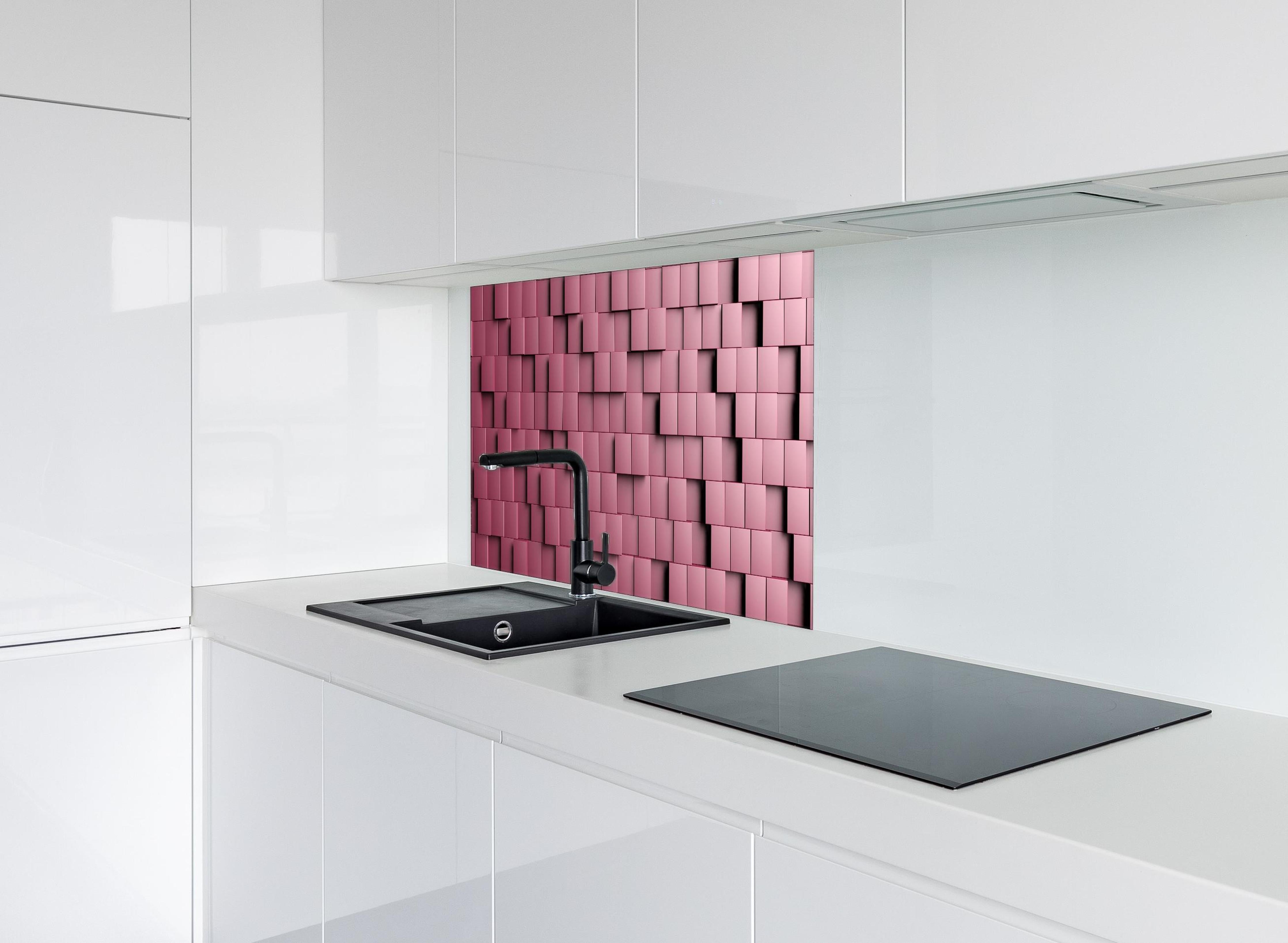 Spritzschutz - 3D Rotes Würfelmuster Textur-Muster hinter einem Cerankochfeld zwischen Holz-Kochutensilien