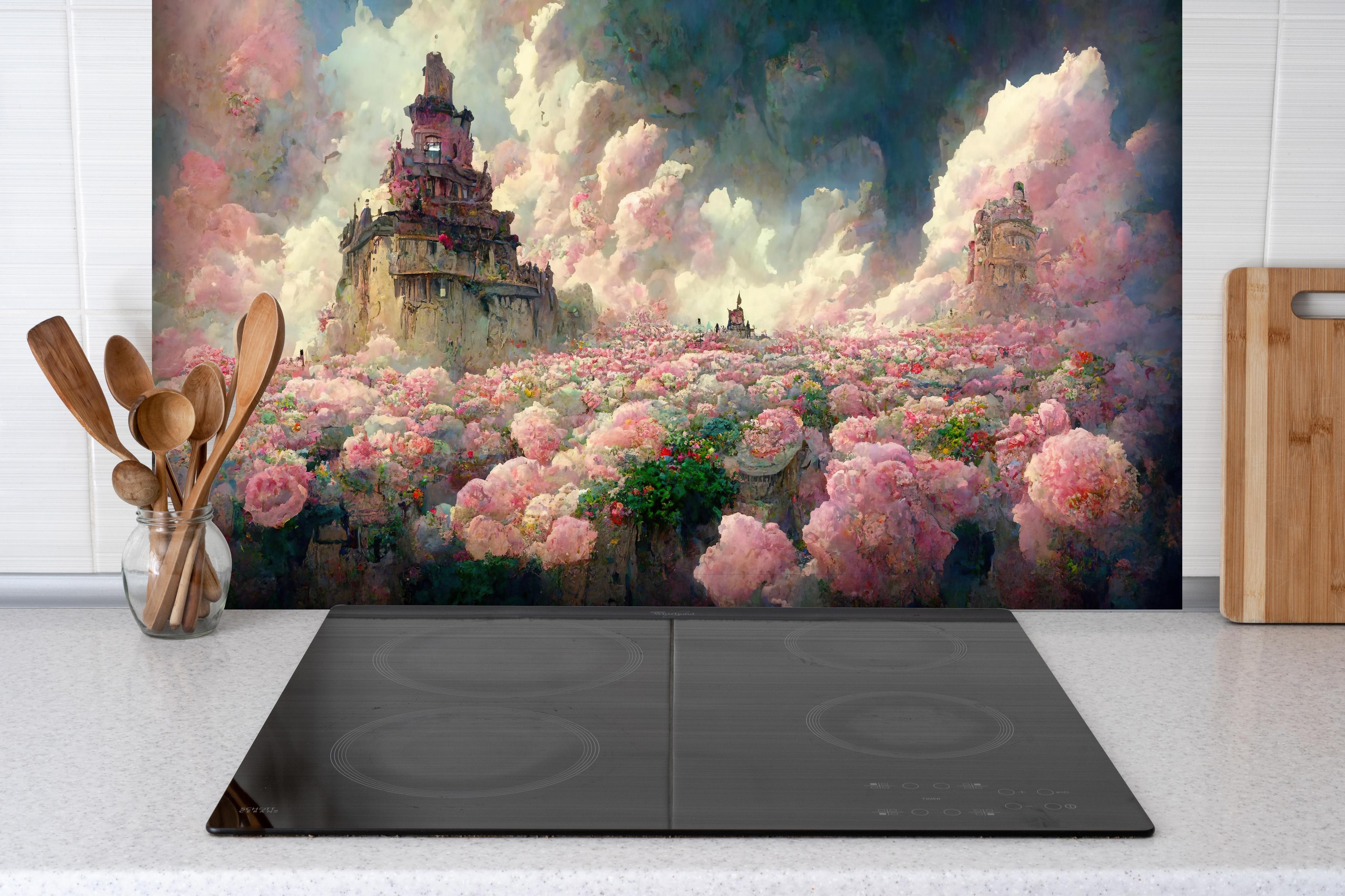 Spritzschutz - Abenteuerlicher Tempel bei sonnenuntergang hinter einem Cerankochfeld zwischen Holz-Kochutensilien