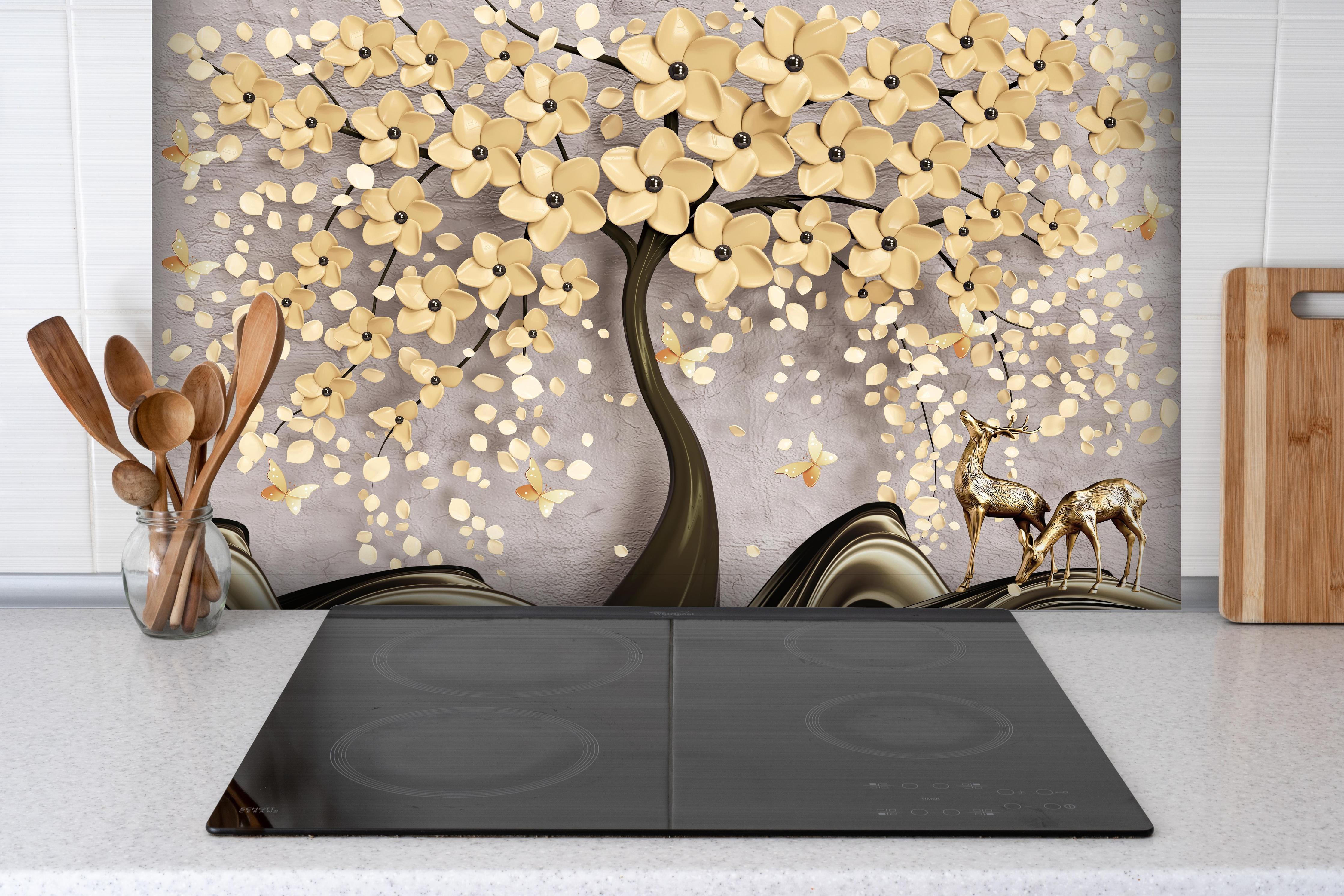 Spritzschutz - Abstrakte Baum Struktur hinter einem Cerankochfeld zwischen Holz-Kochutensilien