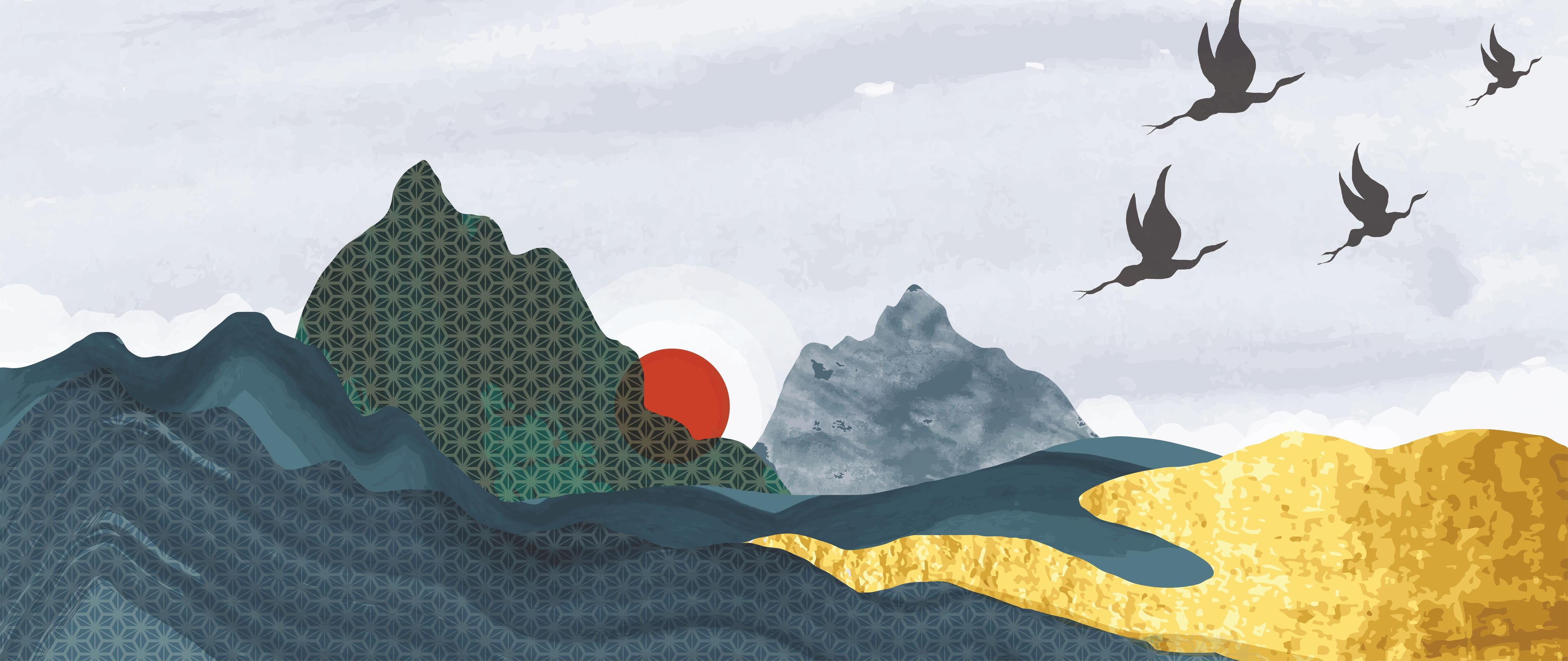 Spritzschutz-Abstrakte Berge und Vögel im Sonnenuntergang