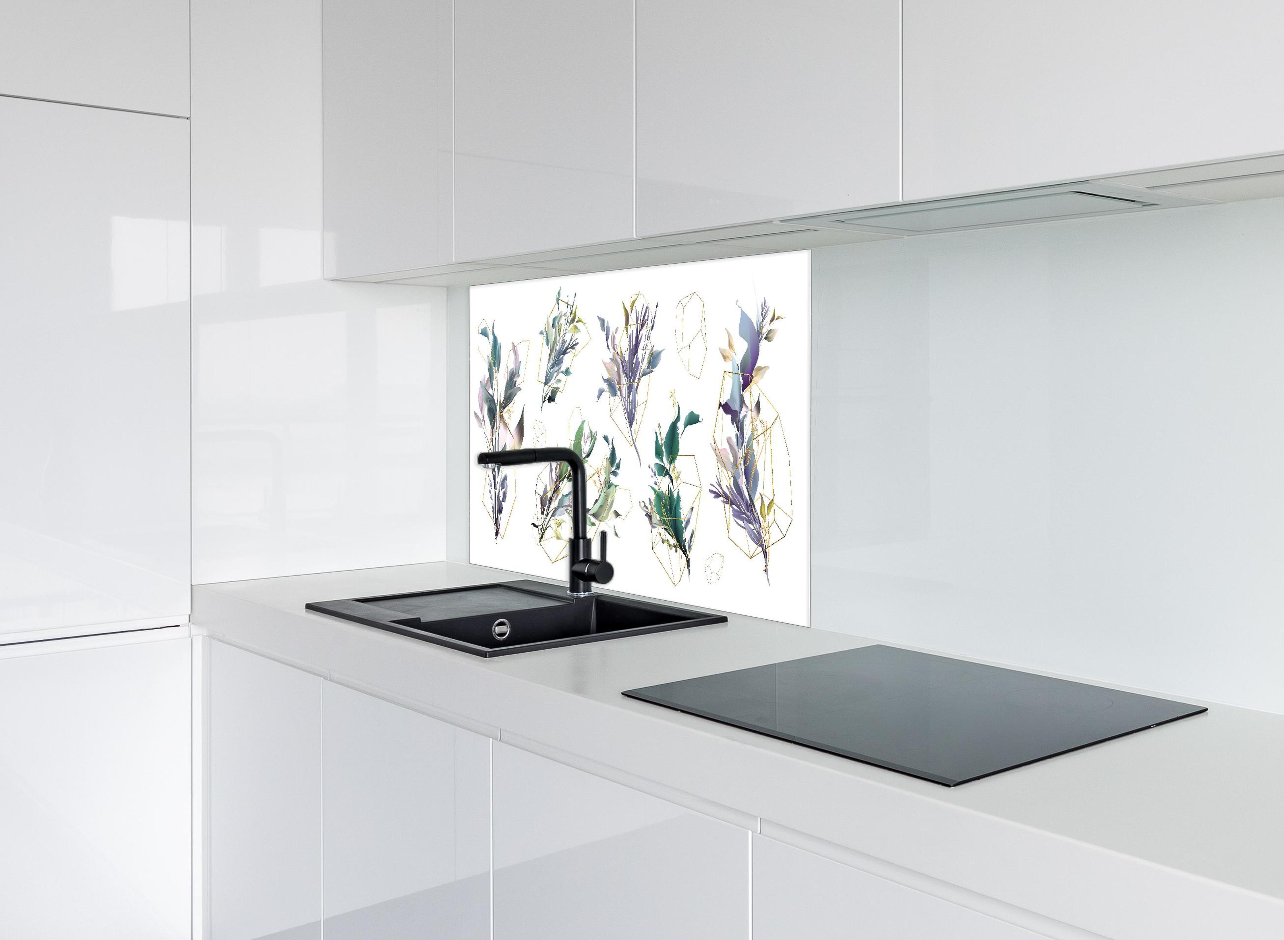 Spritzschutz - Abstrakte Blumen und Geometrie Illustration hinter einem Cerankochfeld zwischen Holz-Kochutensilien