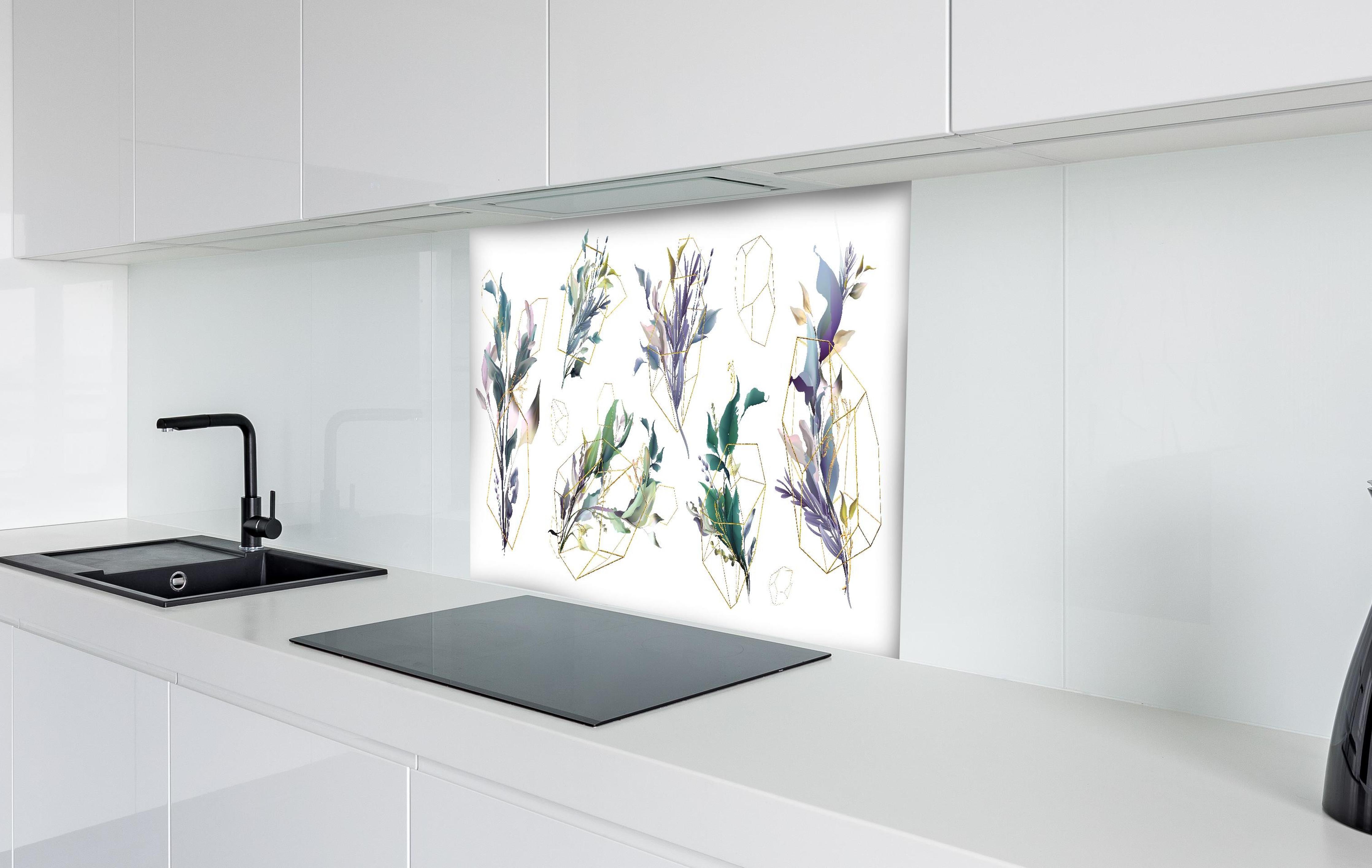 Spritzschutz - Abstrakte Blumen und Geometrie Illustration hinter einem Cerankochfeld zwischen Holz-Kochutensilien