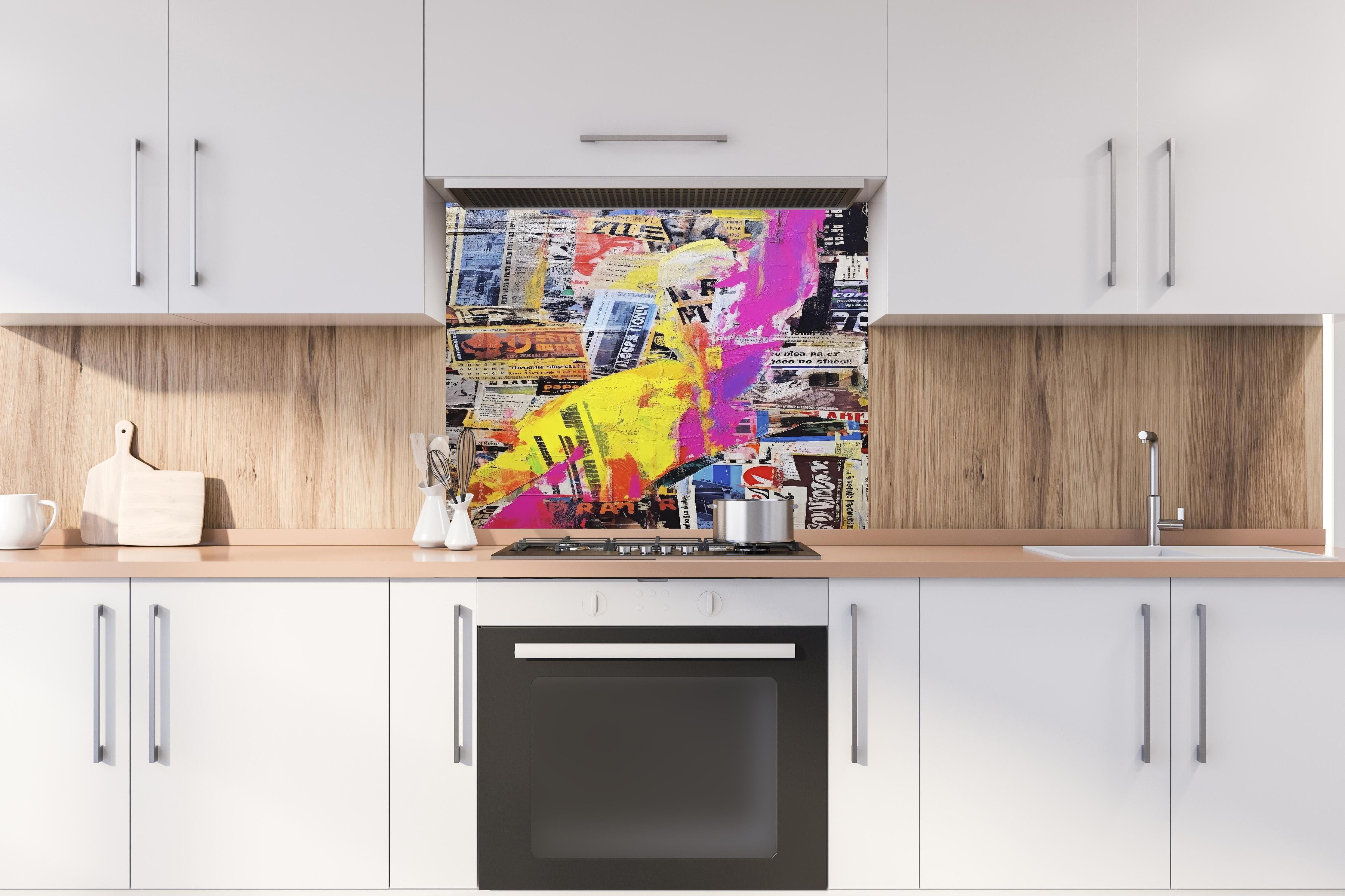 Spritzschutz - Abstrakte Bunte Collage aus Zeitungsschnipseln hinter einem Cerankochfeld zwischen Holz-Kochutensilien