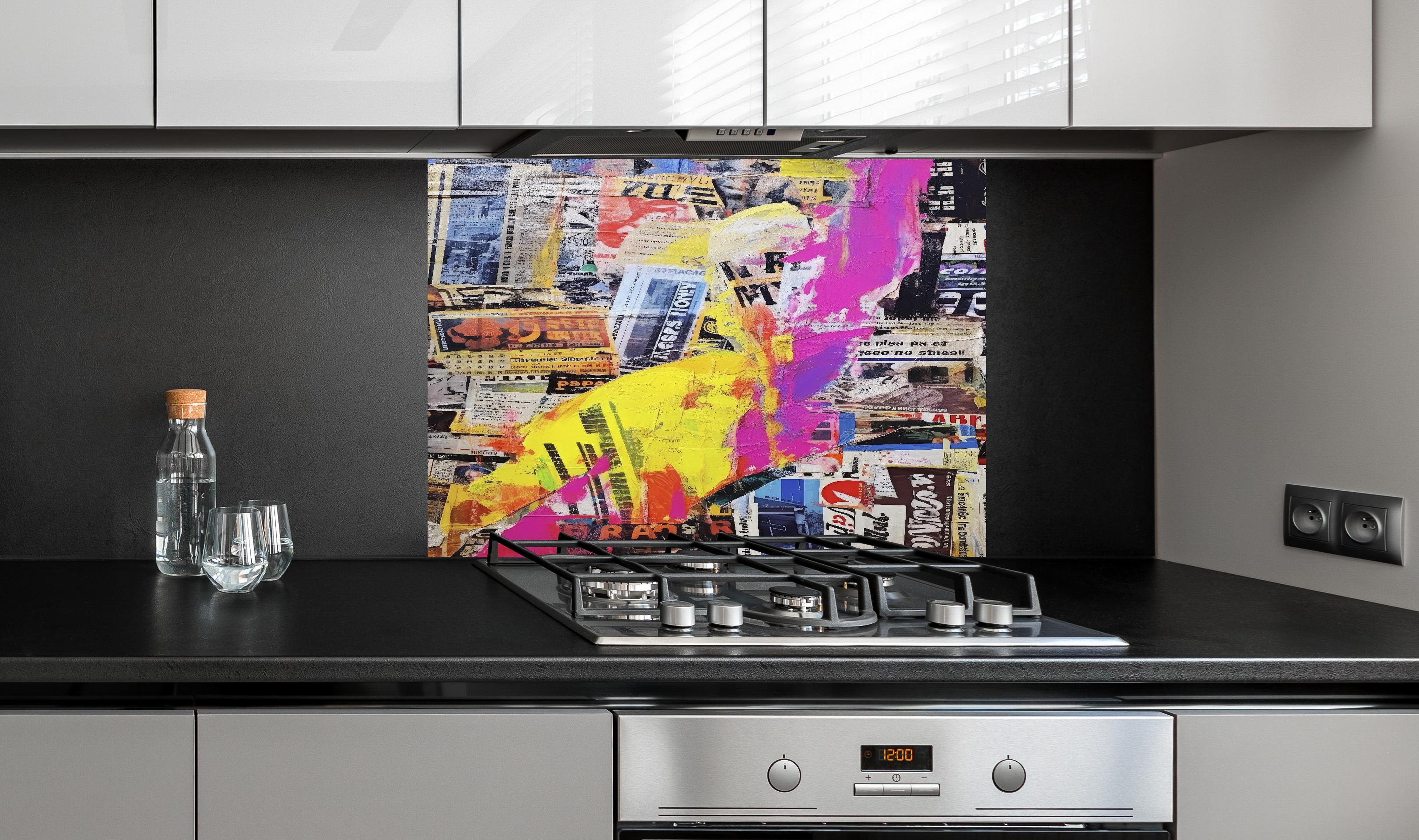 Spritzschutz - Abstrakte Bunte Collage aus Zeitungsschnipseln hinter einem Cerankochfeld zwischen Holz-Kochutensilien