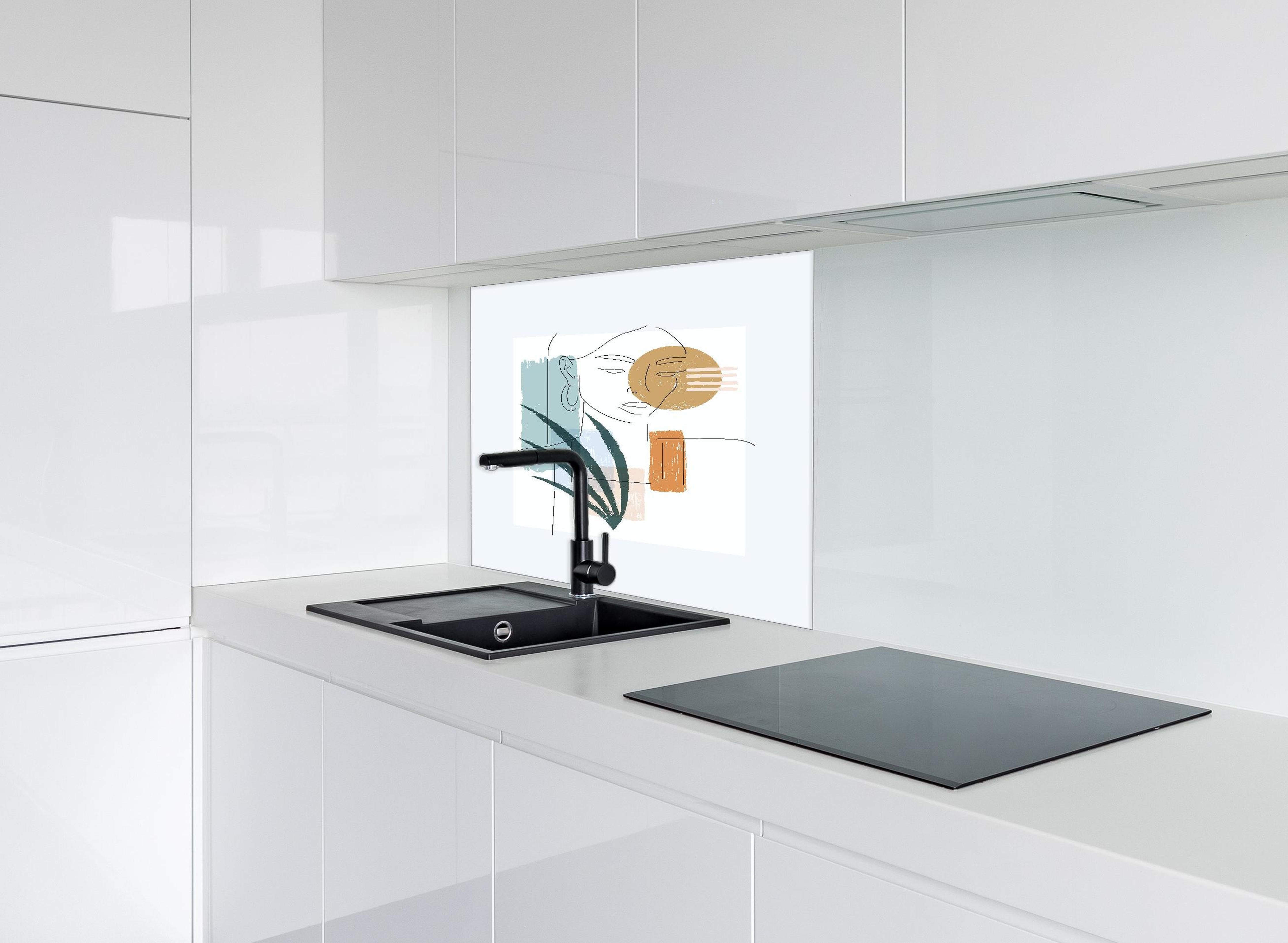 Spritzschutz - Abstrakte Illustration mit geometrischer Figur hinter einem Cerankochfeld zwischen Holz-Kochutensilien