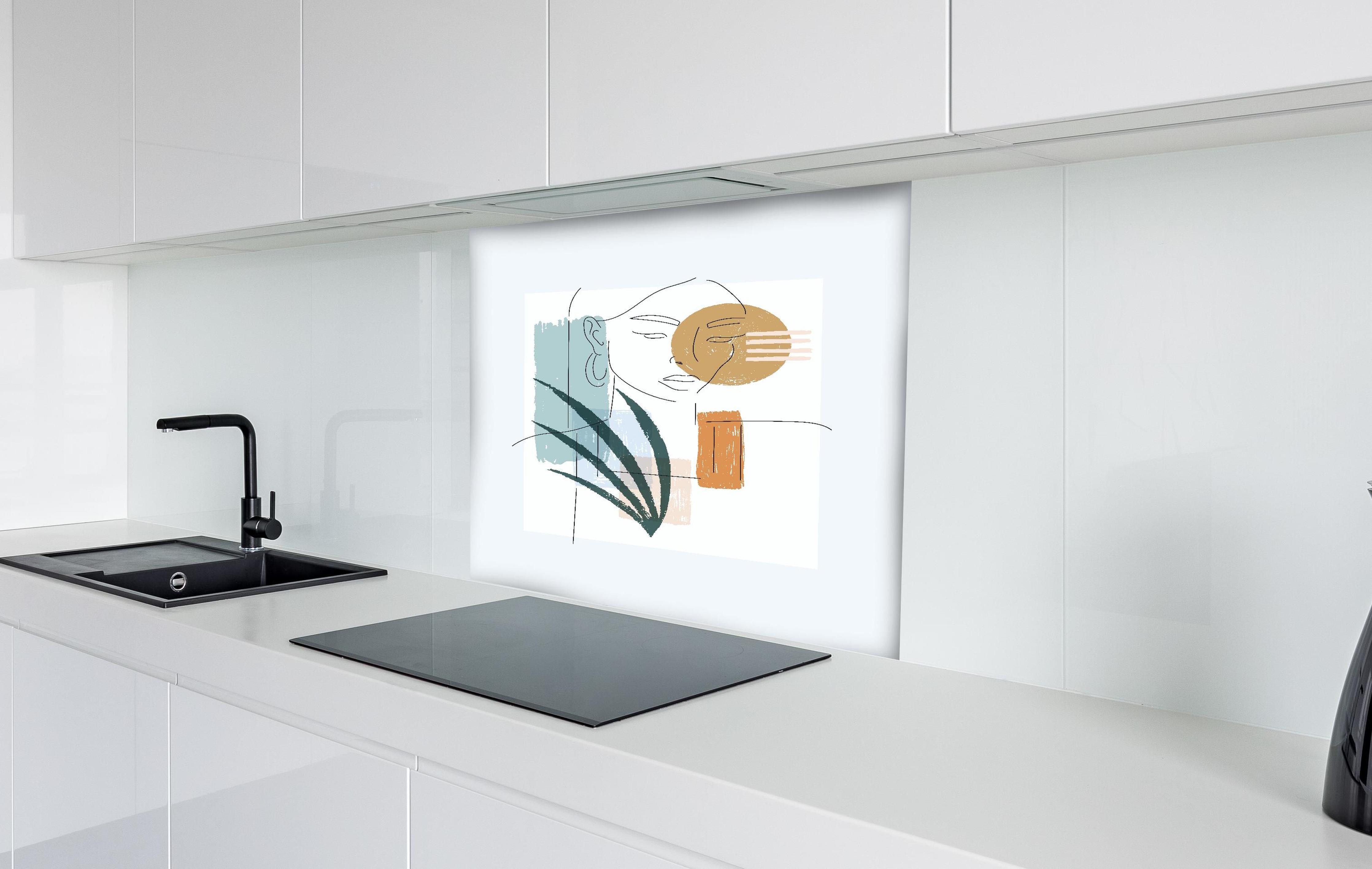 Spritzschutz - Abstrakte Illustration mit geometrischer Figur hinter einem Cerankochfeld zwischen Holz-Kochutensilien