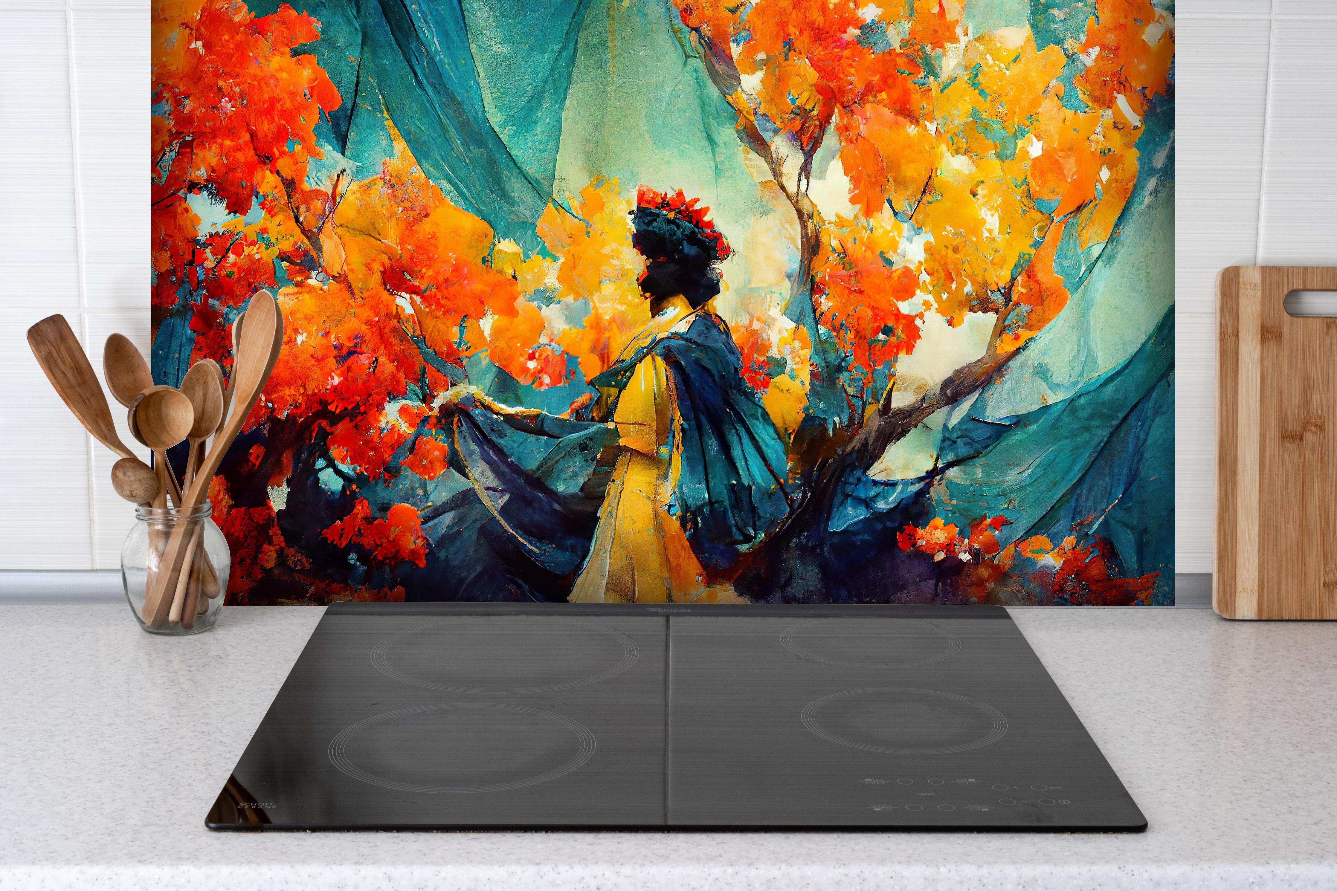 Spritzschutz - Abstrakte Kunst - Frau im Wald hinter einem Cerankochfeld zwischen Holz-Kochutensilien