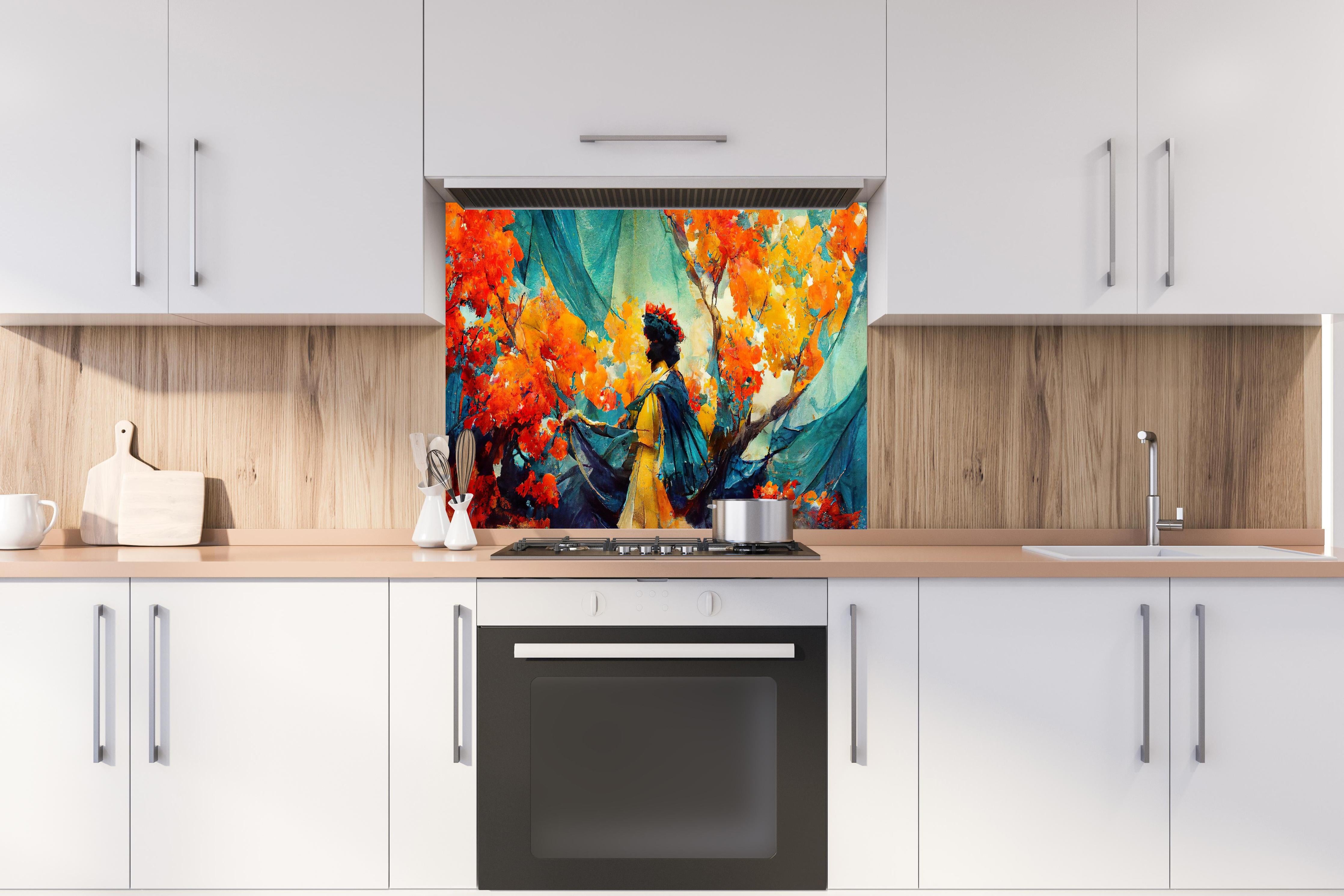 Spritzschutz - Abstrakte Kunst - Frau im Wald hinter einem Cerankochfeld zwischen Holz-Kochutensilien