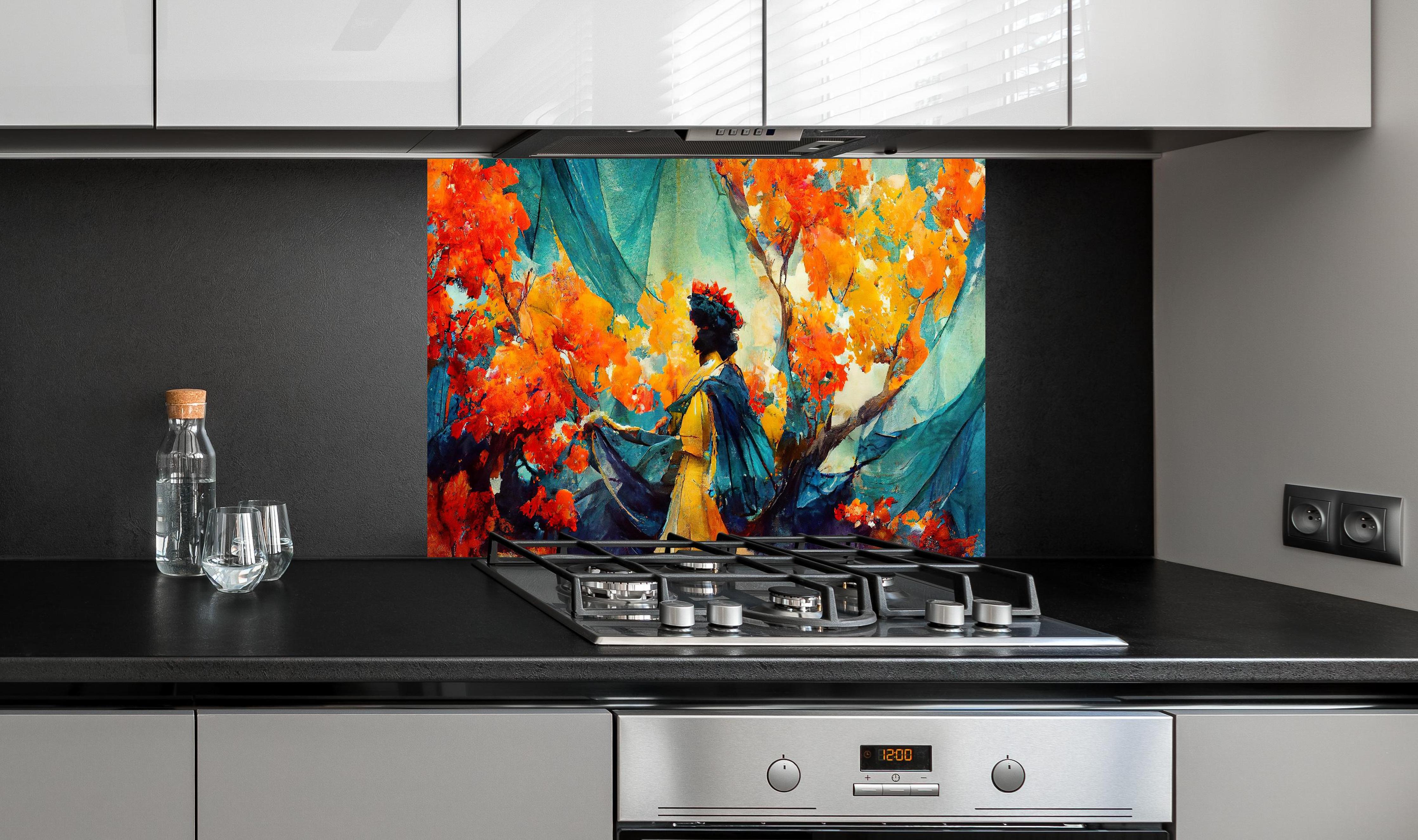 Spritzschutz - Abstrakte Kunst - Frau im Wald hinter einem Cerankochfeld zwischen Holz-Kochutensilien