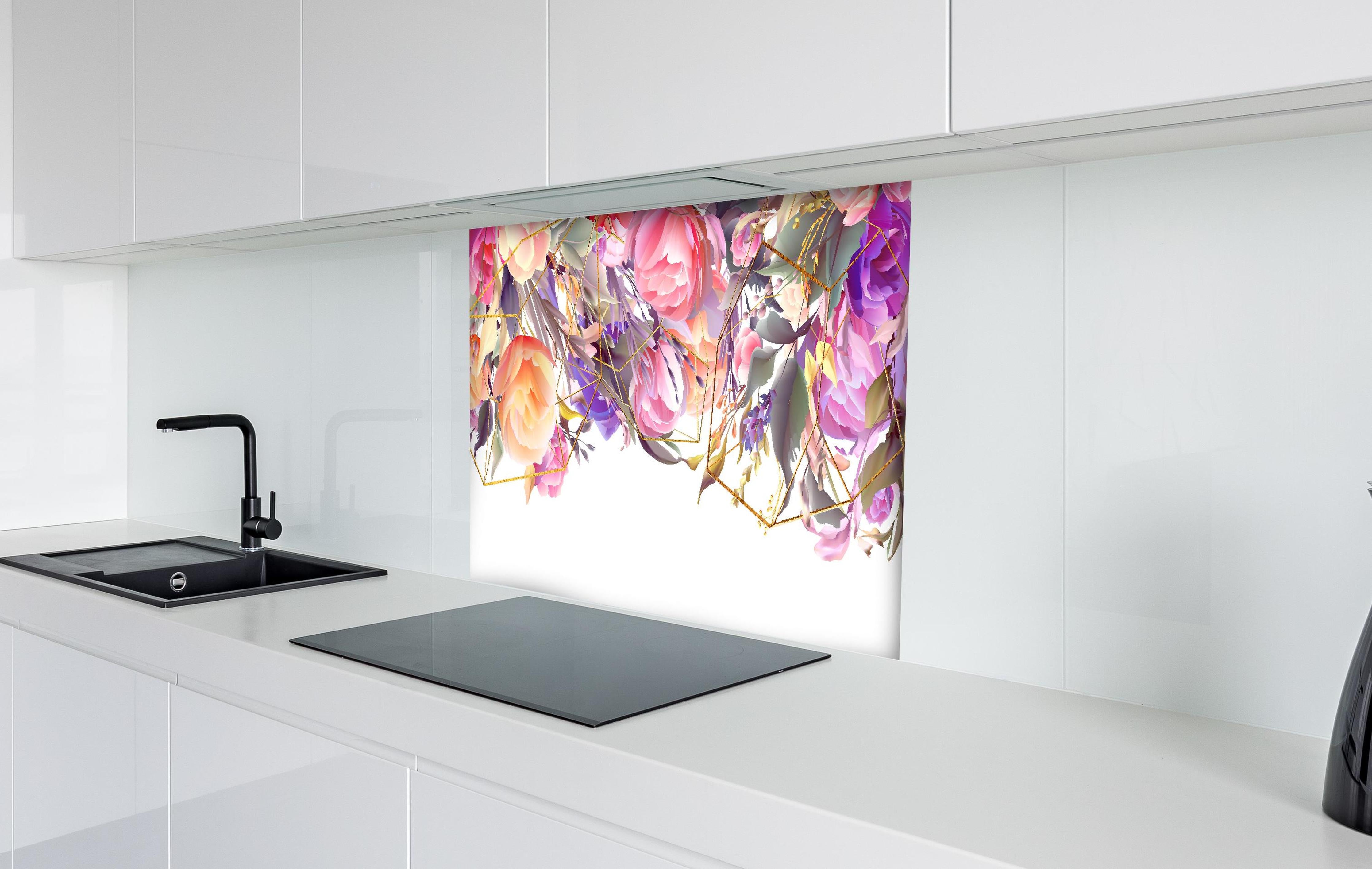 Spritzschutz - Abstrakte Kunst mit bunten Blumen und Geometrie hinter einem Cerankochfeld zwischen Holz-Kochutensilien