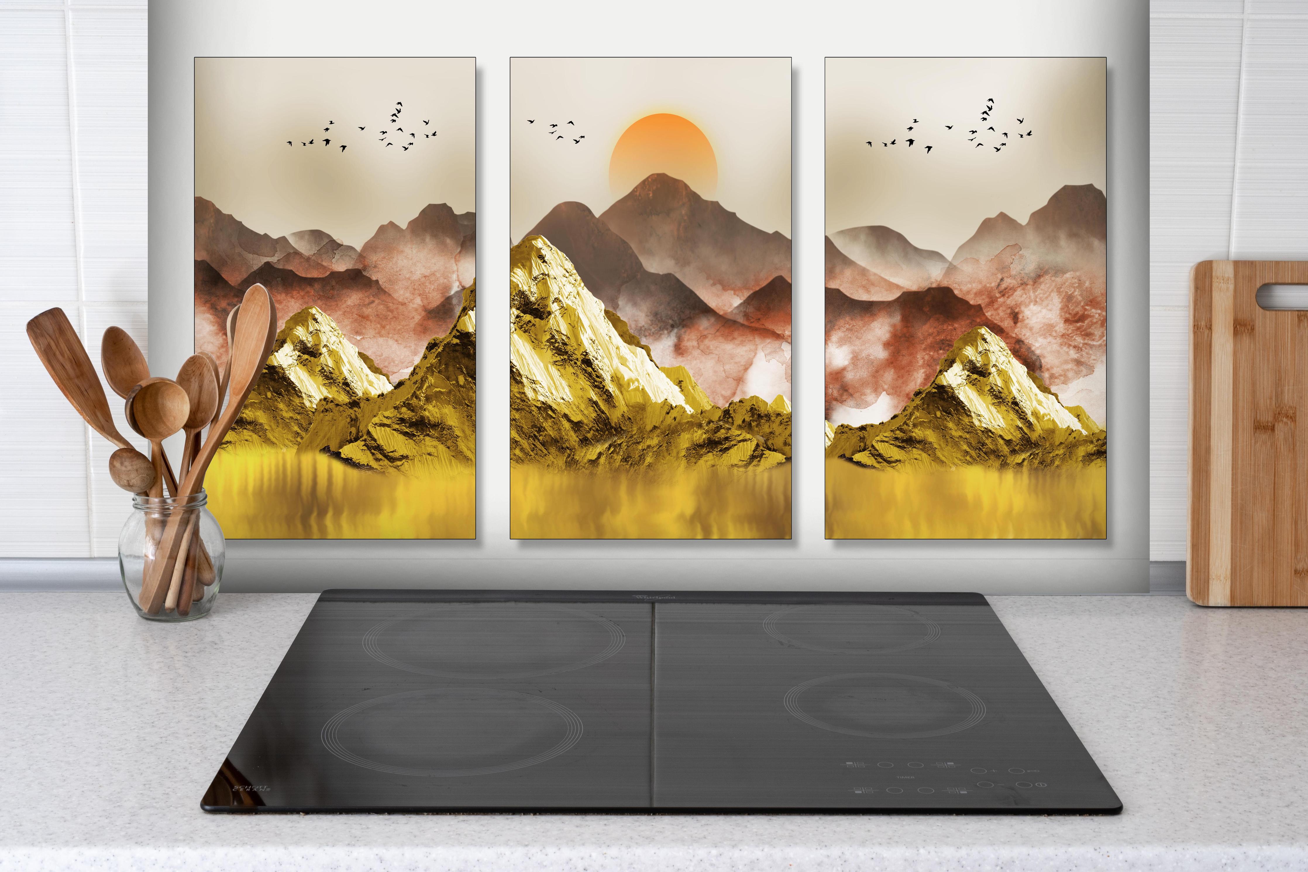 Spritzschutz - Abstrakte Landschaftsfotos - Tapete hinter einem Cerankochfeld zwischen Holz-Kochutensilien