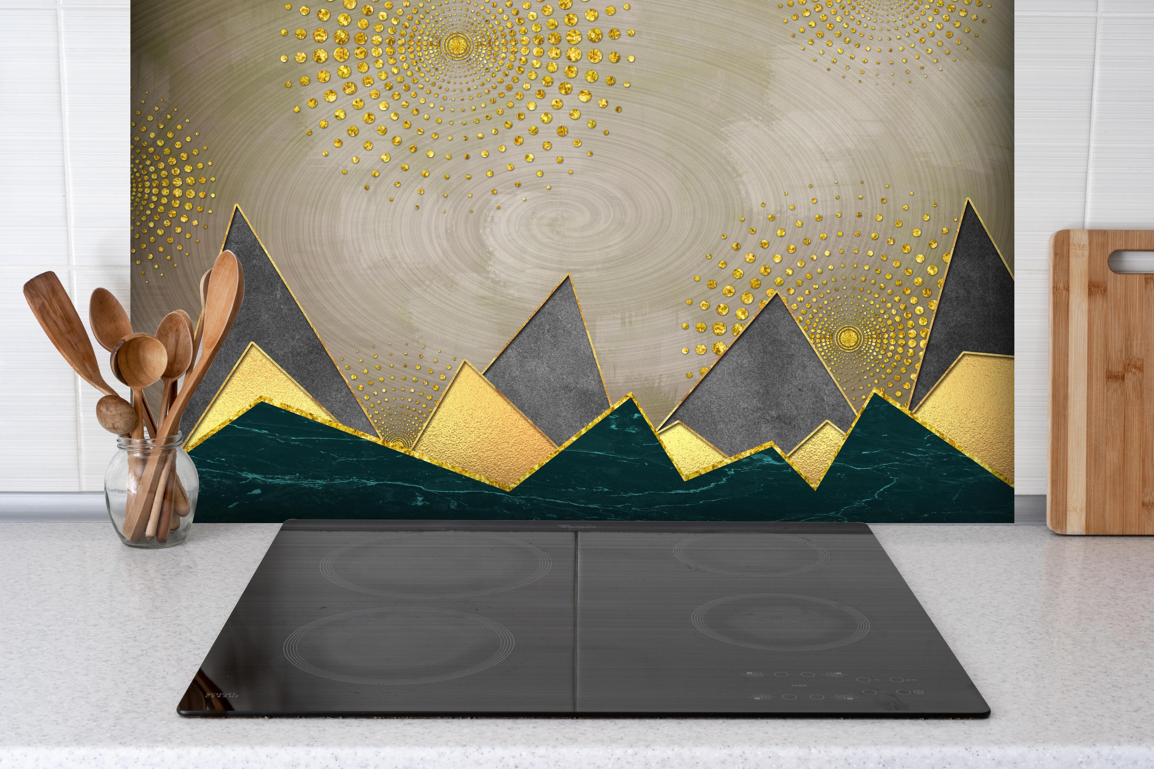 Spritzschutz - Abstrakte Meer - modernes Kunstwerk hinter einem Cerankochfeld zwischen Holz-Kochutensilien