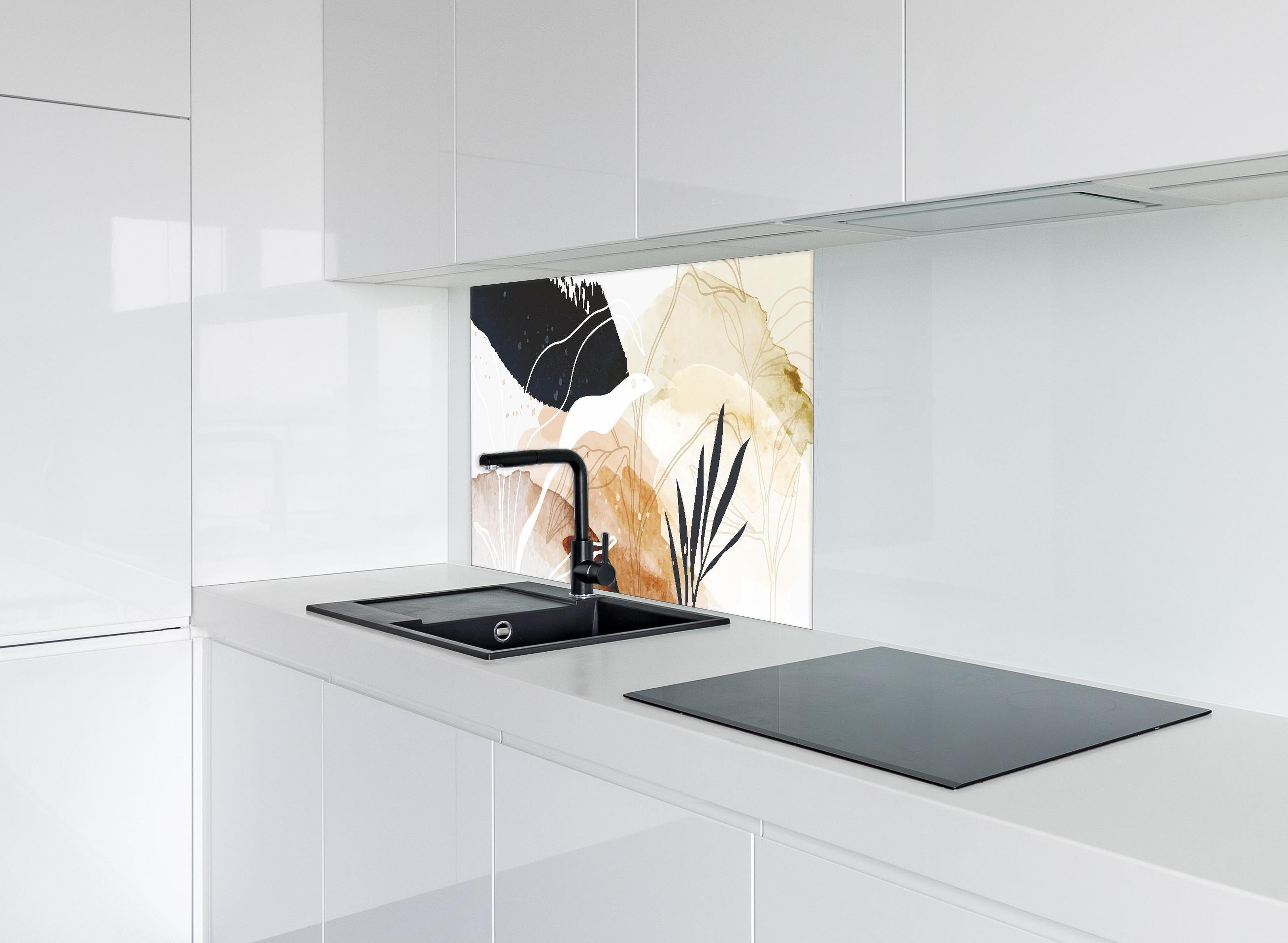 Spritzschutz - Abstrakte Pflanzen und Formen Kunst hinter einem Cerankochfeld zwischen Holz-Kochutensilien