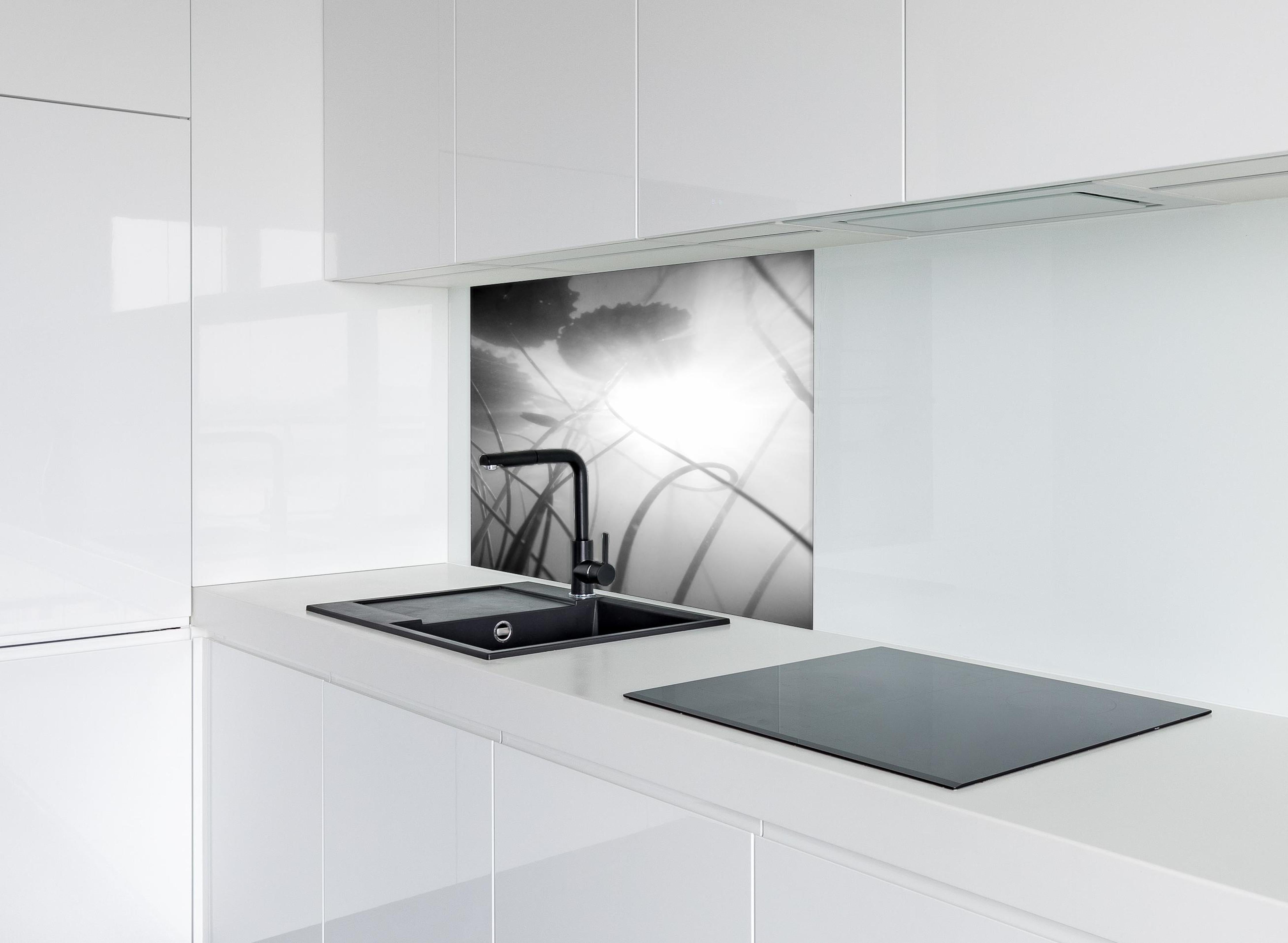 Spritzschutz - Abstrakte Seerose im Nebel Monochrom hinter einem Cerankochfeld zwischen Holz-Kochutensilien