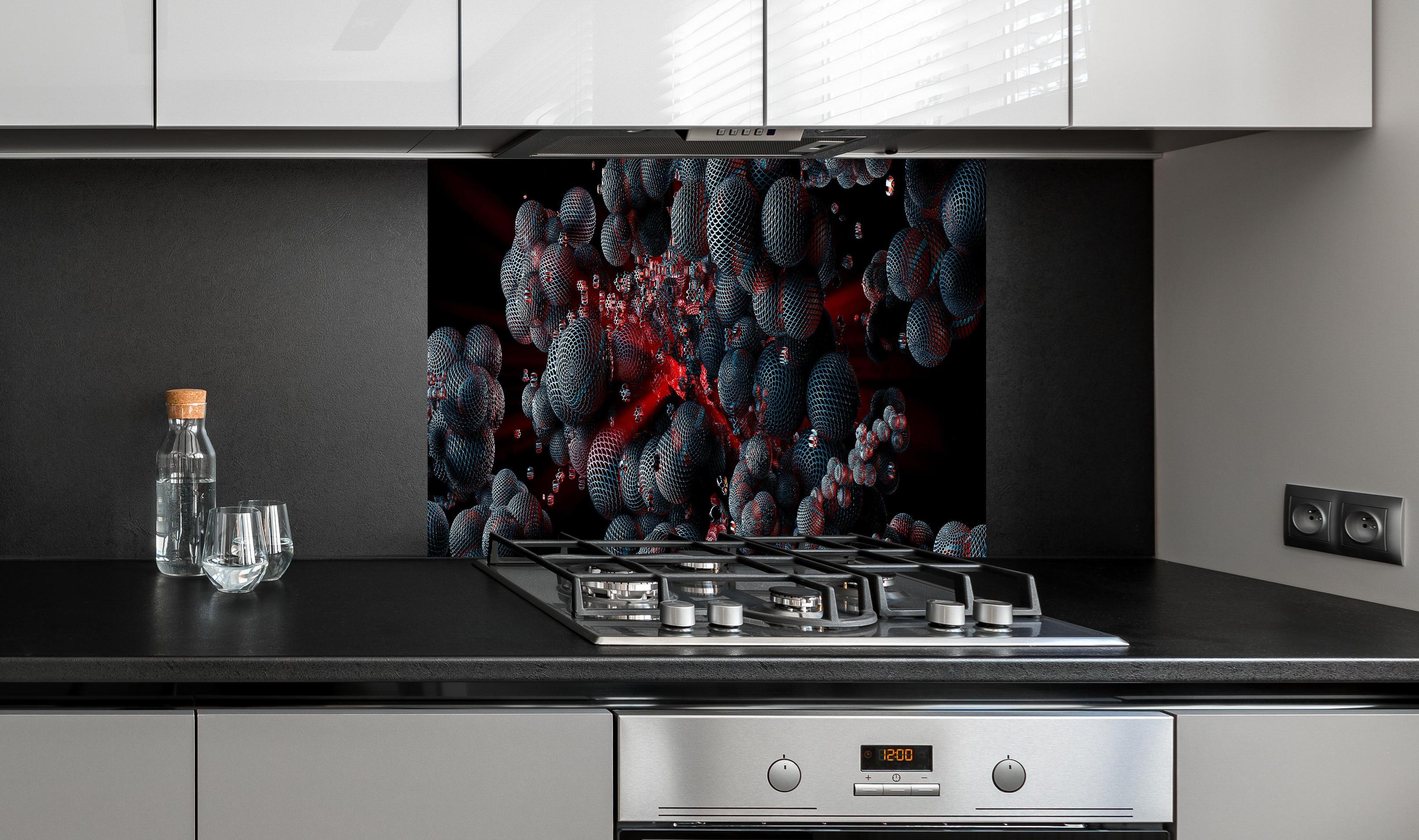 Spritzschutz - Abstrakte Technologie - 3D Rendering hinter einem Cerankochfeld zwischen Holz-Kochutensilien