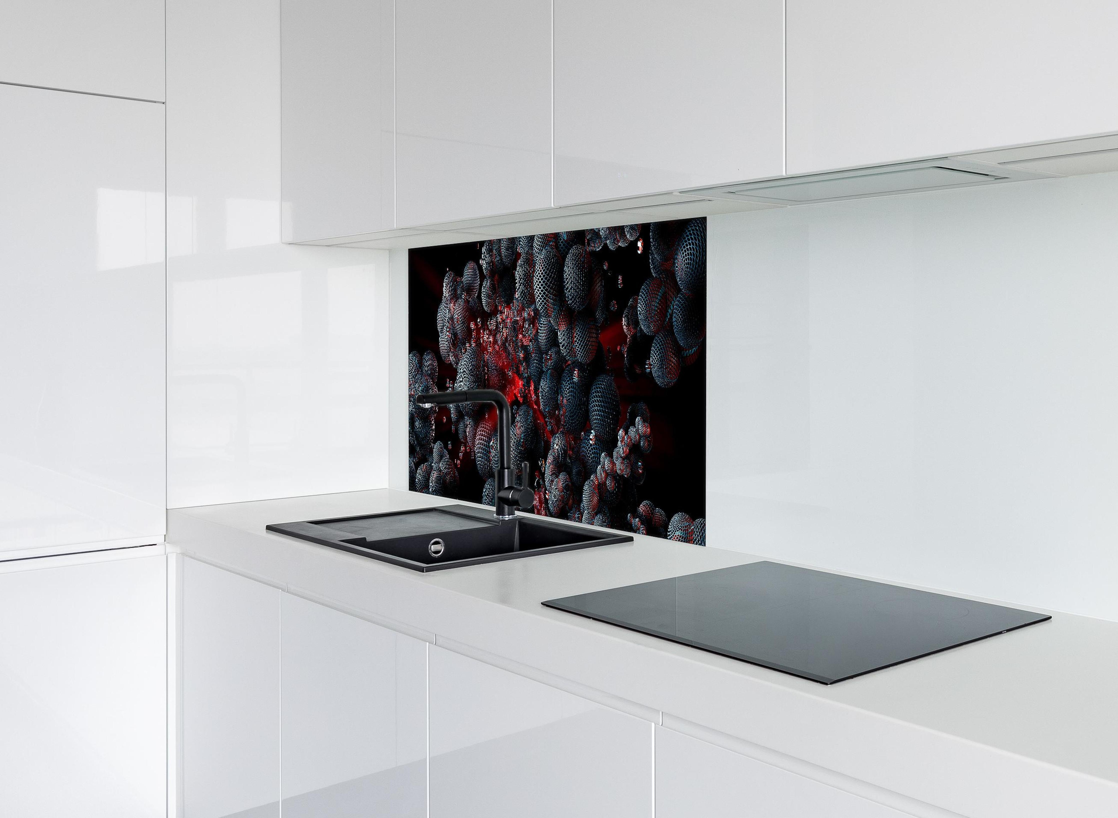 Spritzschutz - Abstrakte Technologie - 3D Rendering hinter einem Cerankochfeld zwischen Holz-Kochutensilien