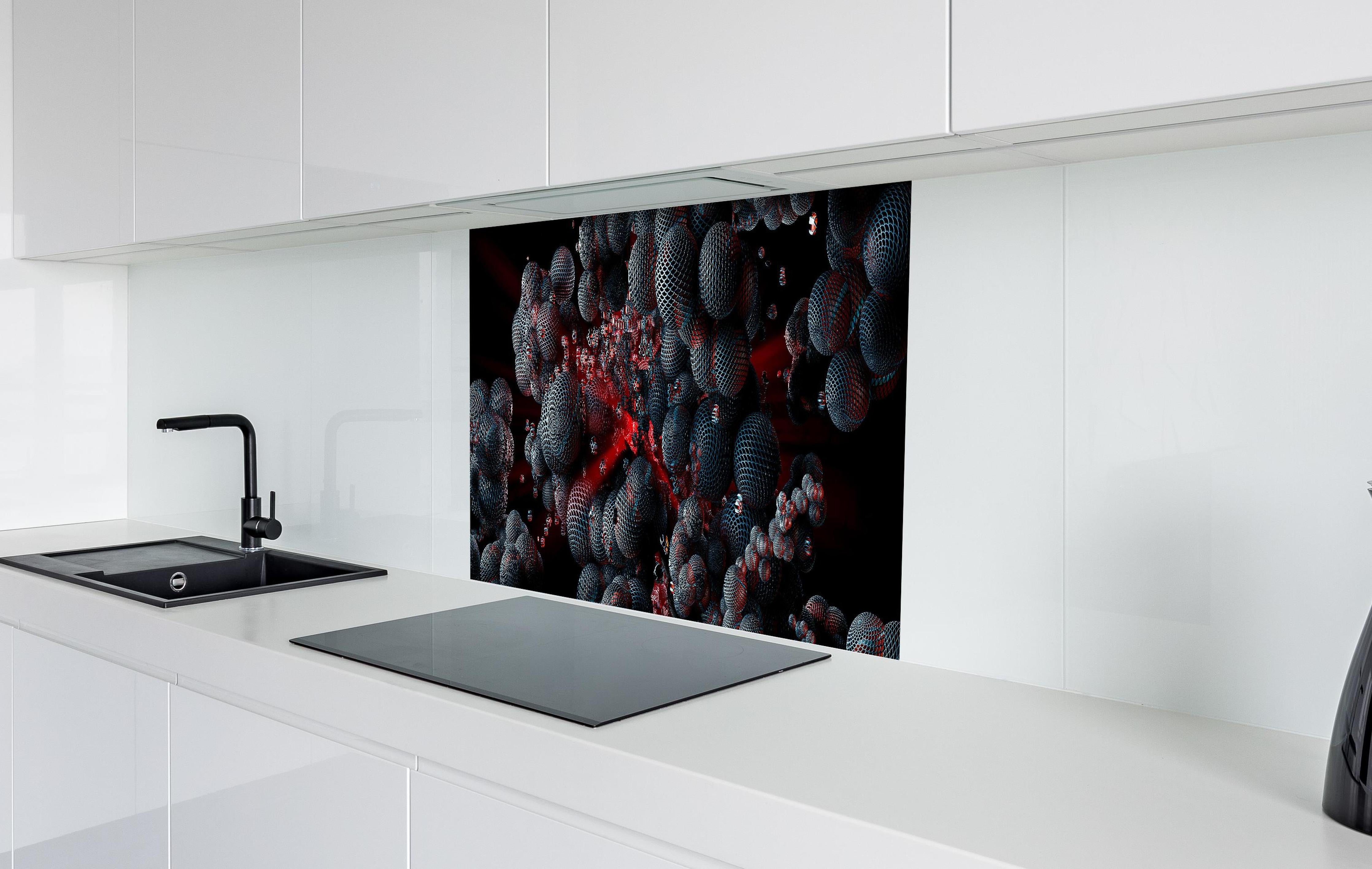 Spritzschutz - Abstrakte Technologie - 3D Rendering hinter einem Cerankochfeld zwischen Holz-Kochutensilien
