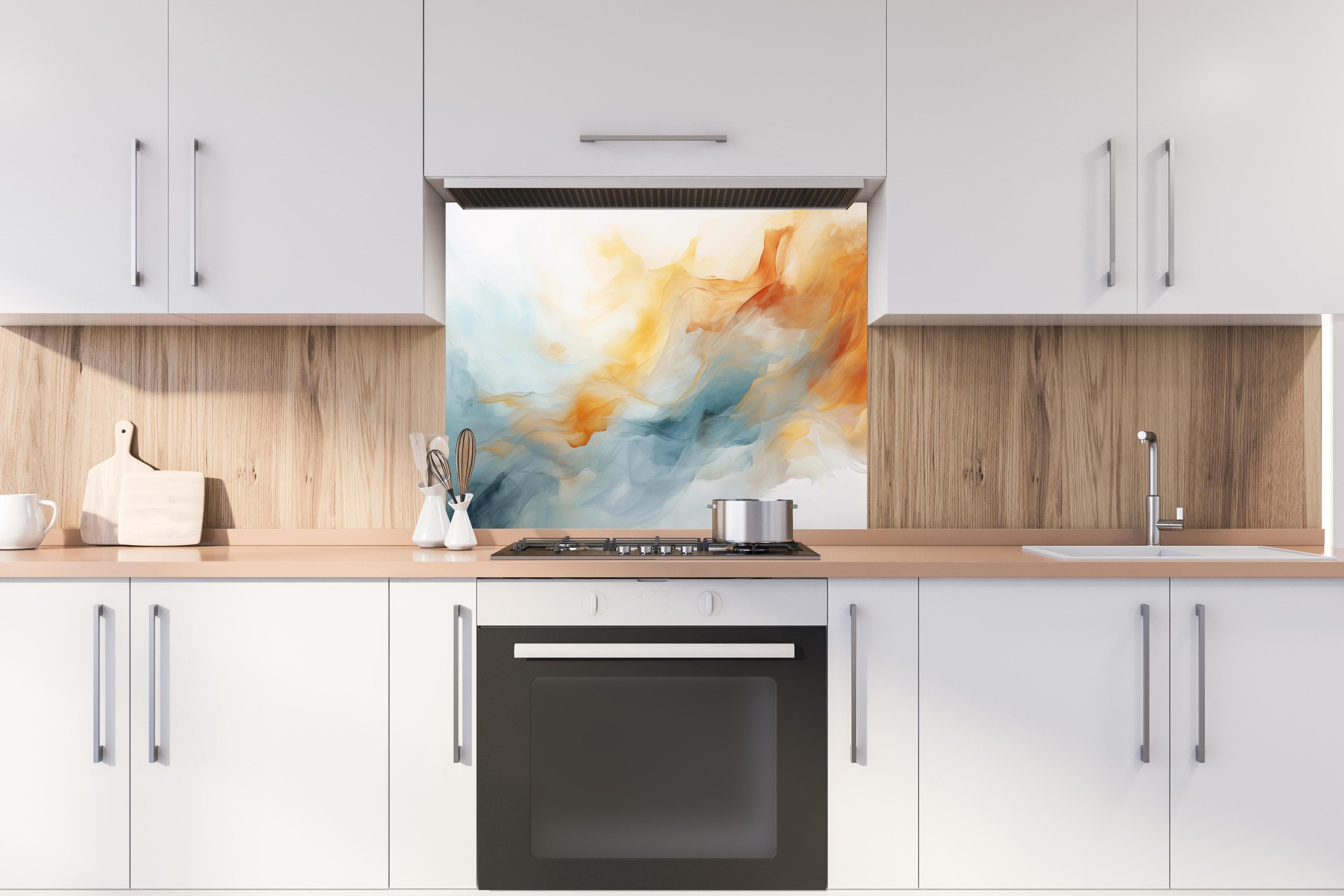 Spritzschutz - Abstrakte Wellen in warmen und kühlen Tönen hinter einem Cerankochfeld zwischen Holz-Kochutensilien