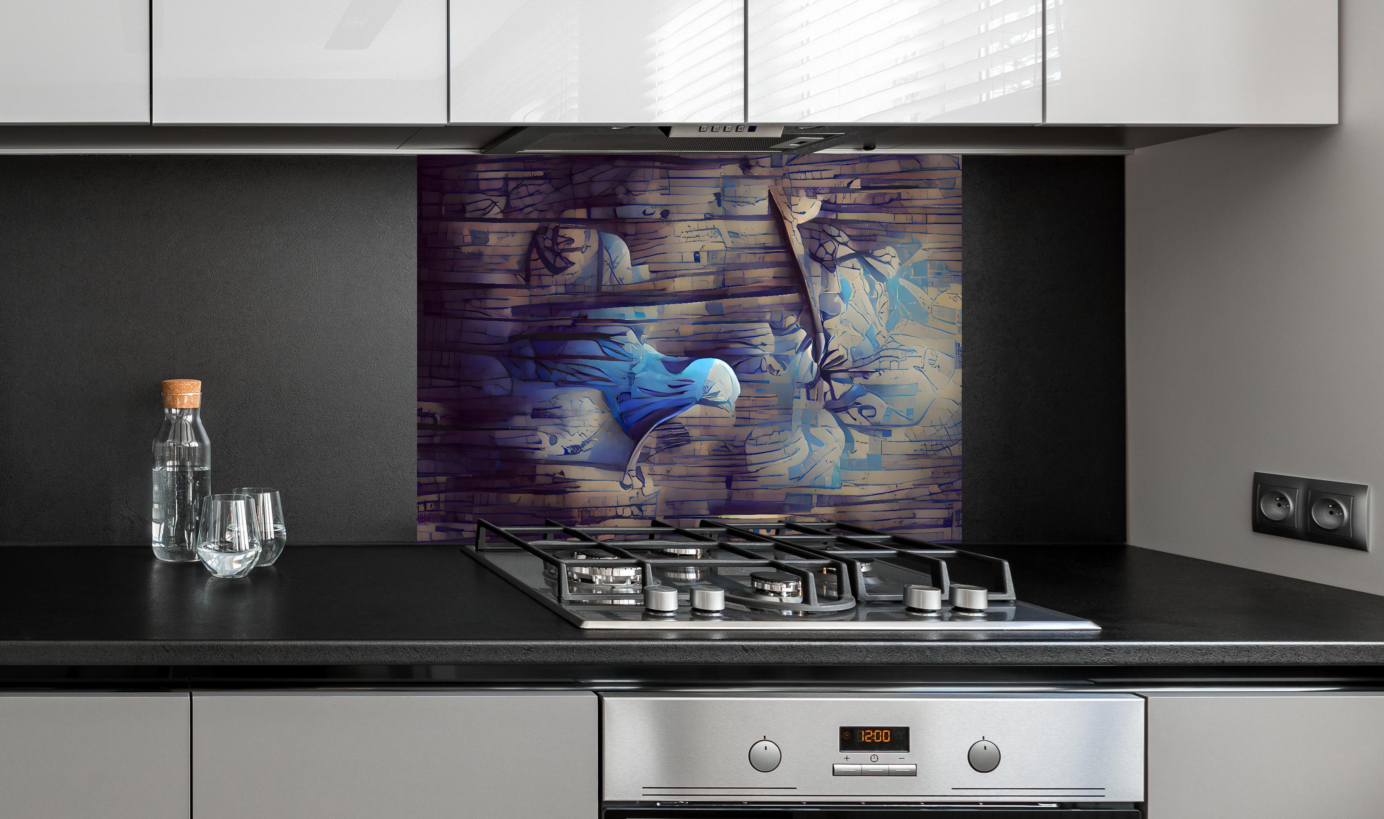 Spritzschutz - Abstrakte blaue Holztextur hinter einem Cerankochfeld zwischen Holz-Kochutensilien