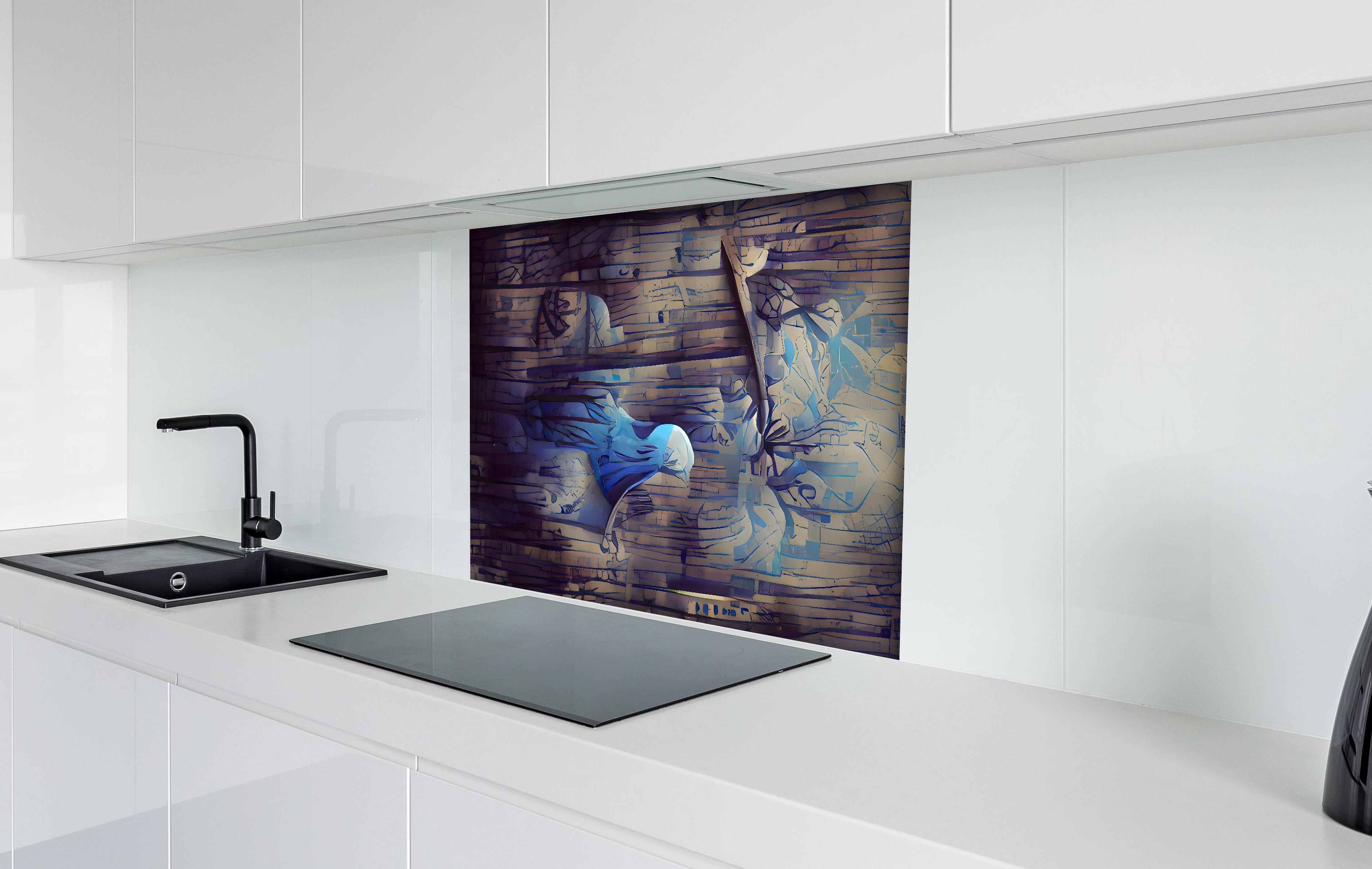 Spritzschutz - Abstrakte blaue Holztextur hinter einem Cerankochfeld zwischen Holz-Kochutensilien