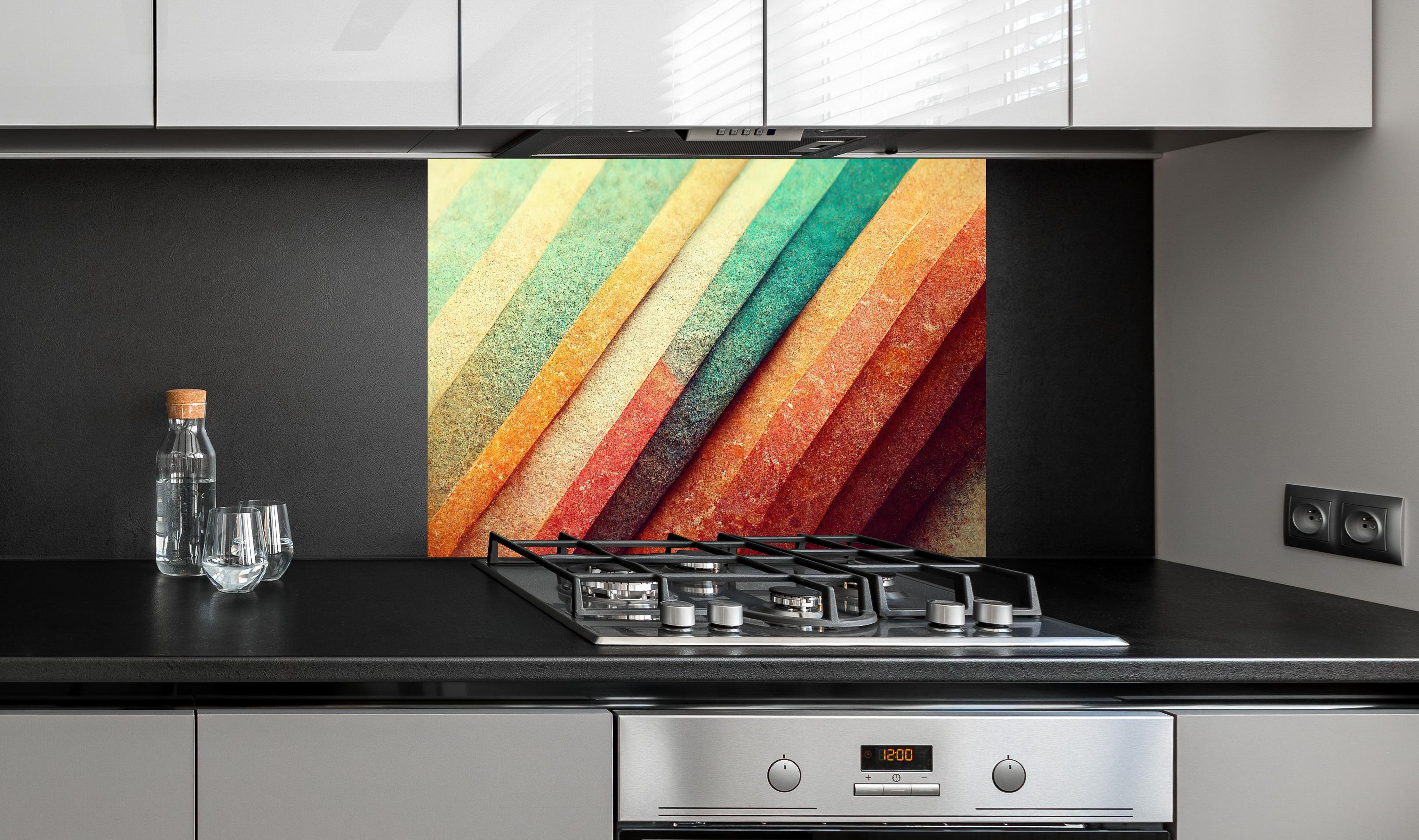 Spritzschutz - Abstrakte organische Streifen Hintergrund Tapete hinter einem Cerankochfeld zwischen Holz-Kochutensilien