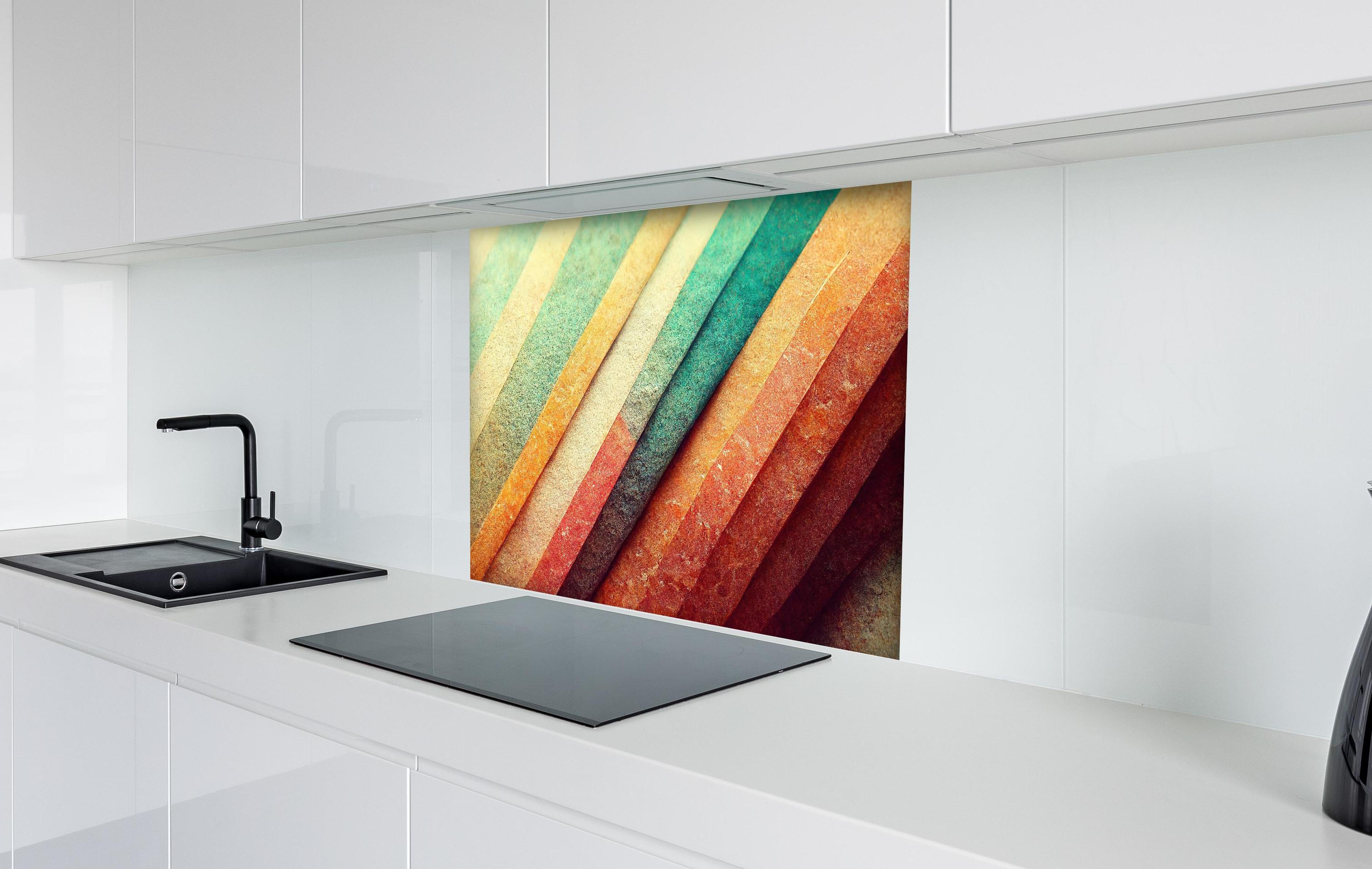 Spritzschutz - Abstrakte organische Streifen Hintergrund Tapete hinter einem Cerankochfeld zwischen Holz-Kochutensilien