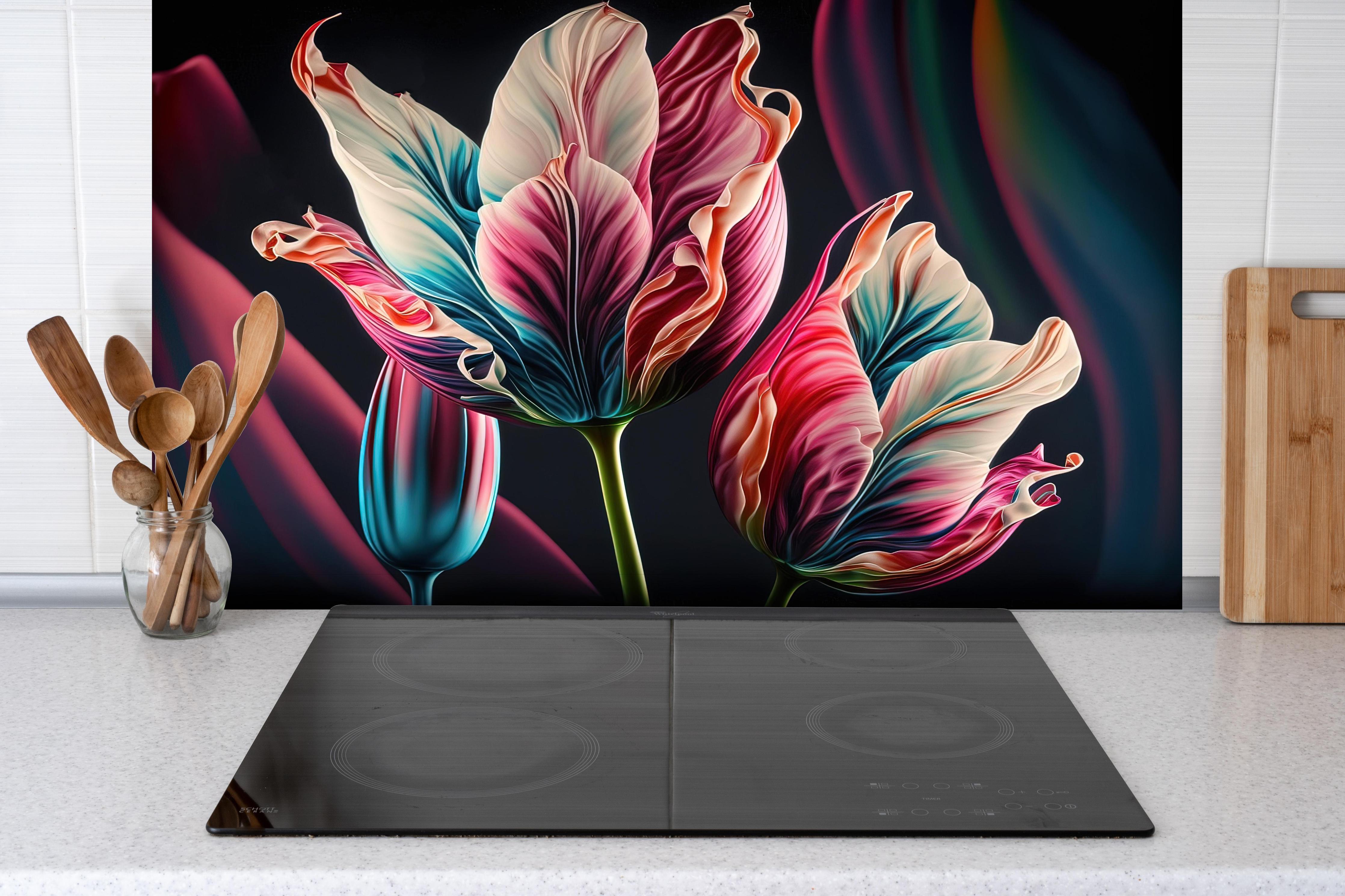 Spritzschutz - Abstrakte, bunte Fluid Art Tulpenbild hinter einem Cerankochfeld zwischen Holz-Kochutensilien